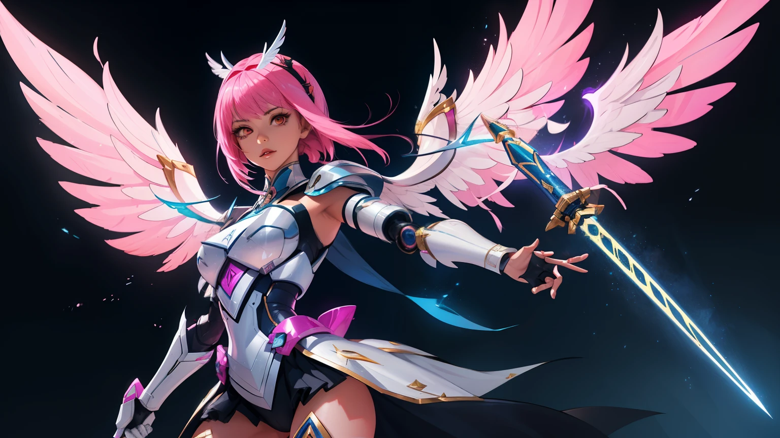 Whole body picture, Saber skin of Rafaela from mobile legends bang bang, with long pink hair, robot wings, magic wand