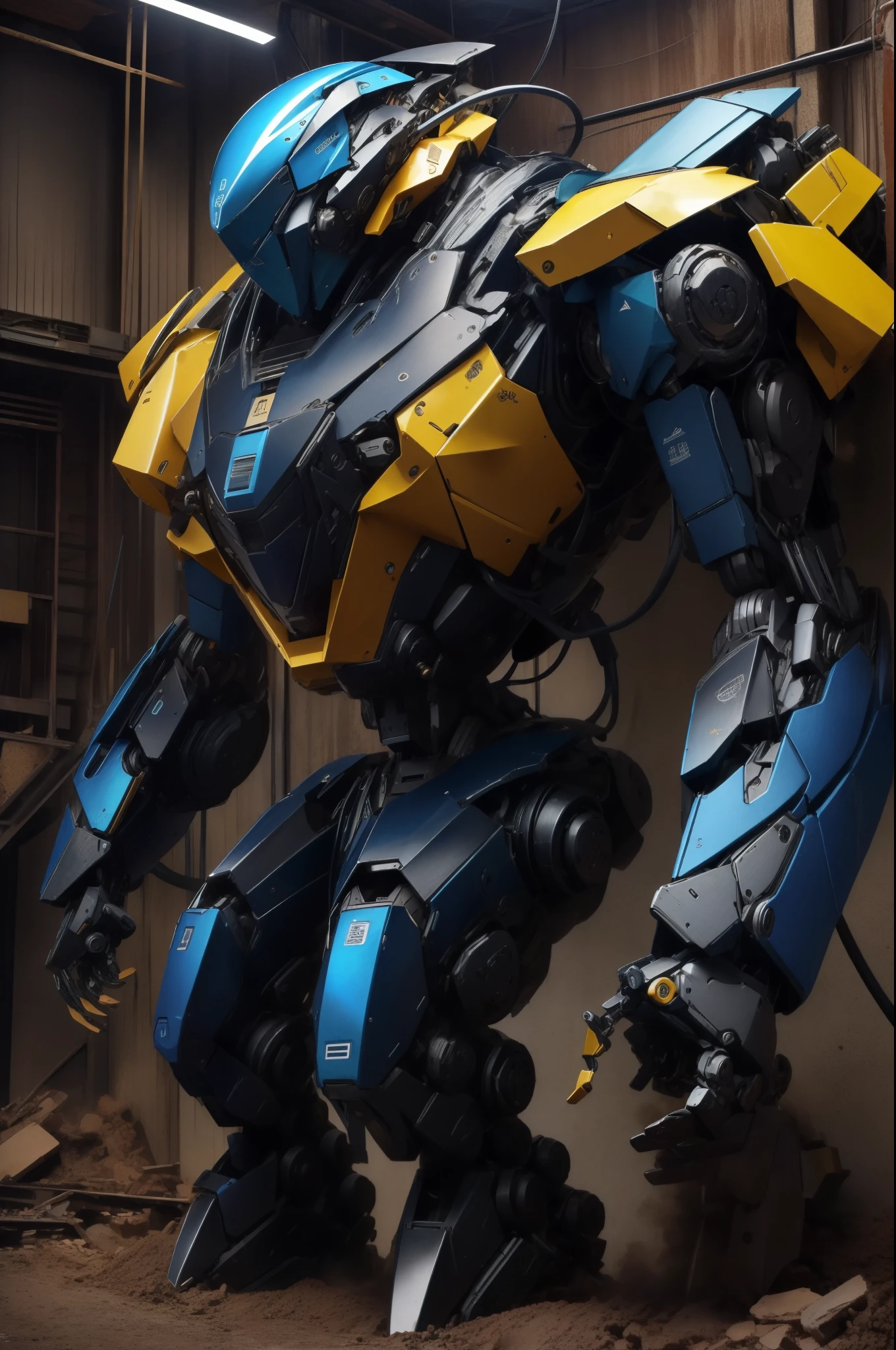 (obra-prima, melhor qualidade), detalhes intrincados, foto, realista, motor irreal, Mecha, robot humanoide, robot, joints do robot, joints, capacete, armadura, menino robot, Amarelo um pouco enferrujado, abandoned warehouse, terminais de computador, eletricidade em arco, sp3ct4, atmosfera escura, estilo Jaeger Pacif rim, corpo correto sem dois troncos,