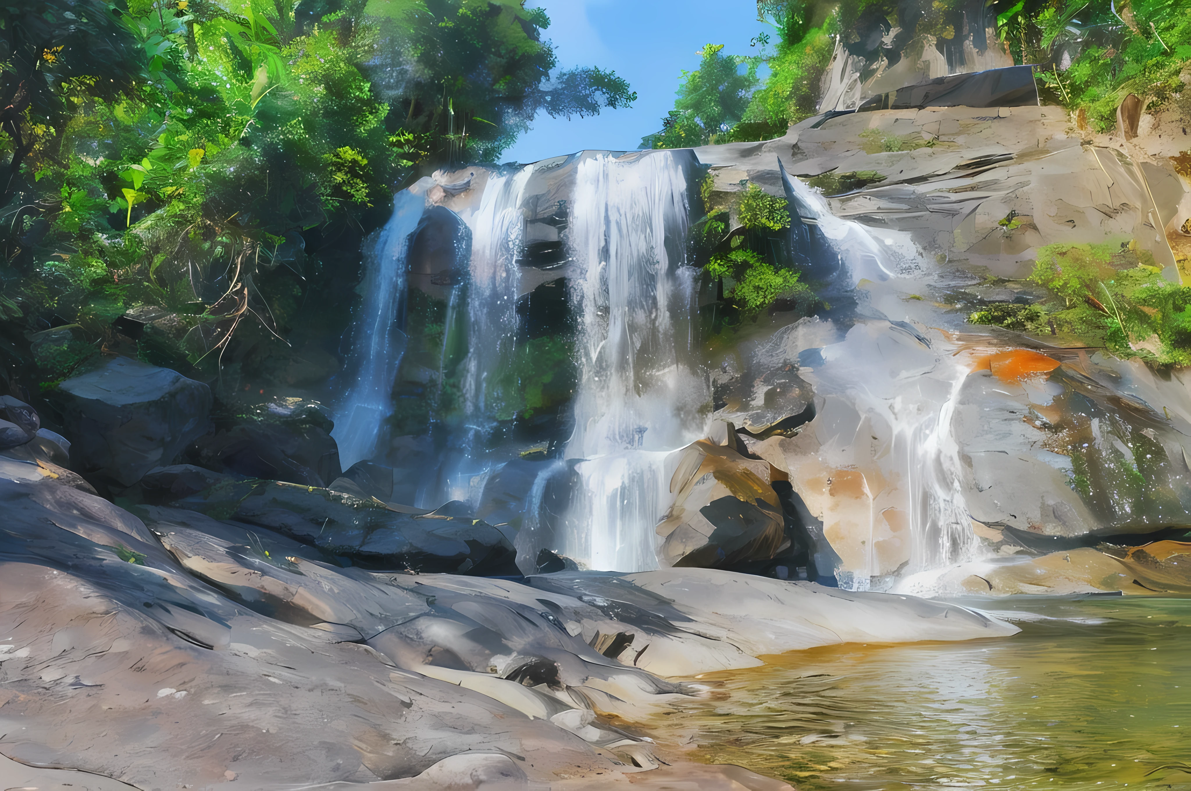 High detail, 8K, ultra HD, high quality, Anime studio, create a image relistict, lighting , softlight, waterfall beautifull
