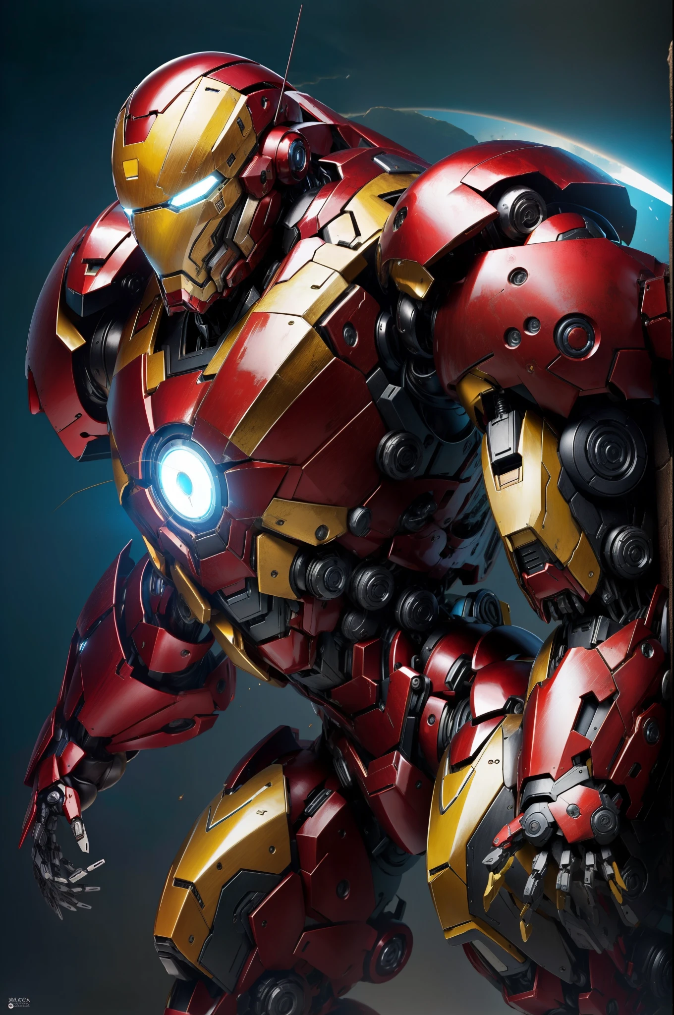 (obra-prima, melhor qualidade), detalhes intrincados, foto, realista, motor irreal, Mecha, robot humanoide, robot, joints do robot, joints, capacete, armadura, menino robot, Amarelo um pouco enferrujado, abandoned warehouse, terminais de computador, eletricidade em arco, sp3ct4, atmosfera escura, estilo iron man da marvel, corpo correto sem dois troncos,