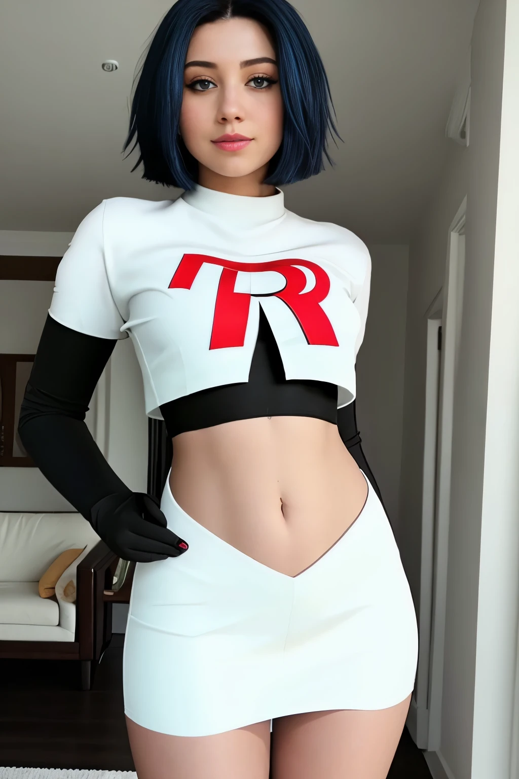 masterpiece,(best quality:1.2),girl,haircut,team rocket,team rocket uniform,white skirt,red letter R,crop top,black thigh-highs,black elbow gloves,
