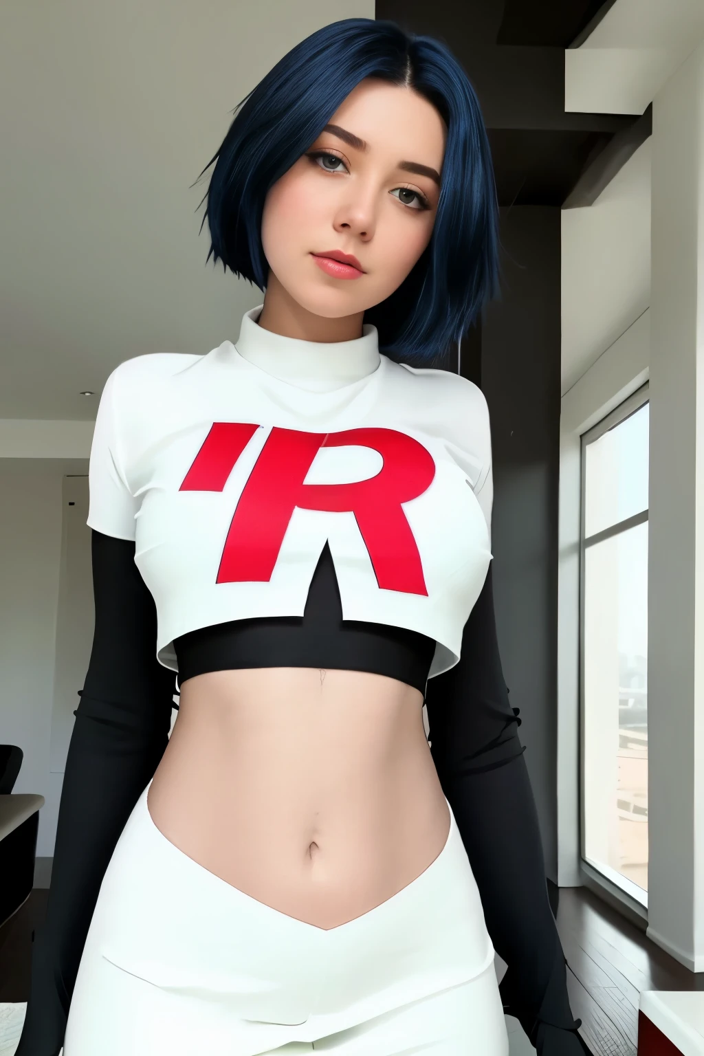 masterpiece,(best quality:1.2),girl,haircut,team rocket,team rocket uniform,white skirt,red letter R,crop top,black thigh-highs,black elbow gloves,