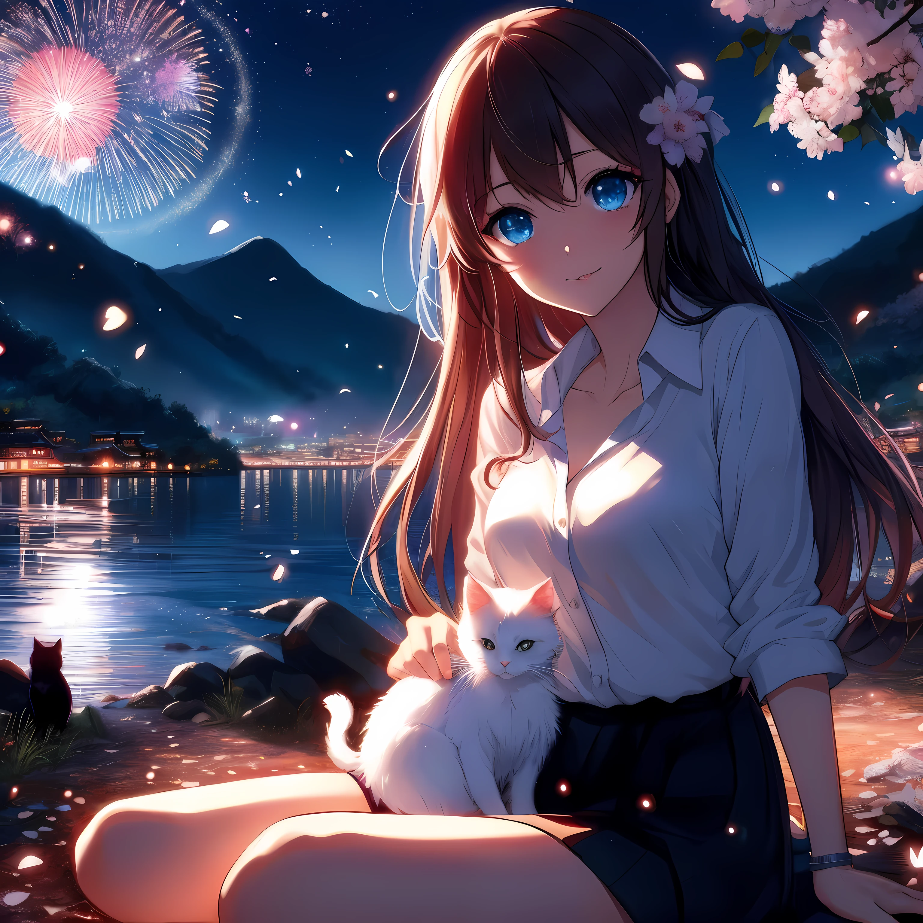 Anime girl with a cat and fireworks in the background, beautiful anime catgirl, very beautiful anime cat girl, anime style 4k, Beautiful anime, anime cat, night nucleus, Very beautiful and cute Catwoman, cute anime catgirl, 4k anime wallpaper, cat ears anime girl, Beautiful anime girl, anime wallpaper 4k, anime wallpaper 4k, anime catgirl