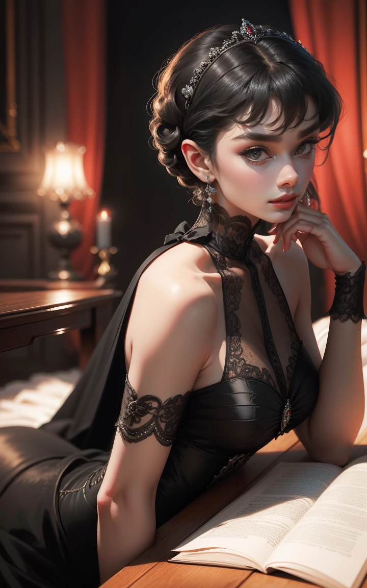 (Masterpiece - Ultra-Detailed, High Resolution) Prepare to be enchanted by a true masterpiece that combines ultra-detailed art with high-resolution rendering. This work shows a mesmerizing woman, with short, black hair, 1928s style,  Audrey Hepburn (1.3) and captivating dark brown eyes (1.2), New York illustration style, wearing red lipstick, emanating an aura of elegance and mystery. Wearing classic victorian dress 1928s clothing.  Intricate details and realistic textures invite you to explore every aspect of this enchanting composition. Black dress. reading, writing, walking, backwards, lying down, standing, dynamic poses, mouth closed. Different posture , dynamic poses, mouth closed. Different posture, with chin resting on shoulder. Perfect fingers. Get ready to dive into a world where beauty and craftsmanship merge perfectly.
