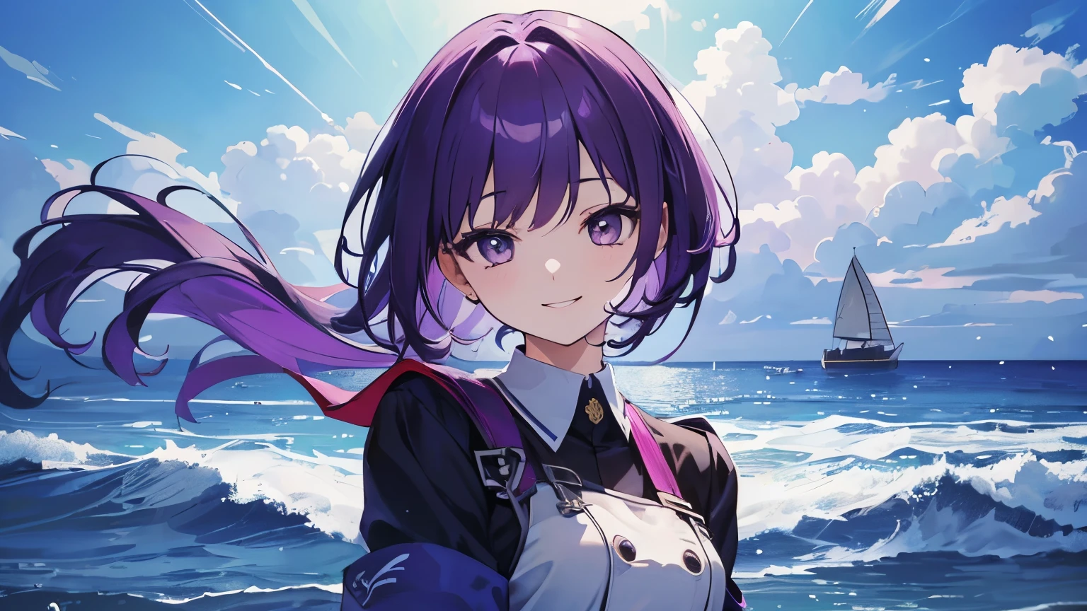 (T Masterpiece，4k wallpaper，best quality))、((girl１people))、(solo)、Shining and vivid，(purple hair)、(shortcut:1.3)、smile、Ocean、uniform、battleship