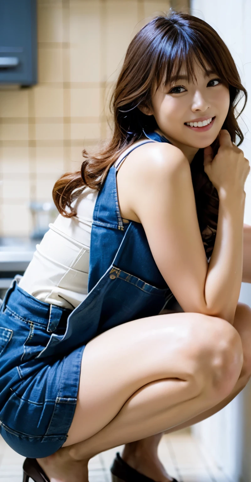 (perfect anatomy),((Ulzan 6500)),highest quality,very detailed,masterpiece,Super detailed,Bent down and pose in the kitchen,超High resolution,(realistic:1.4,8k),A beautiful 20-year-old newlywed wife squatting in the dazzling morning sun in the kitchen.,I'm irresistible with my proud slender muscular big hips.,(A snug-fitting overall skirt looks great),The most adorable smile with the corners of the mouth raised,Chestnut-colored curly princess cut semi-long hair,High nose and deep chiseled face,Elegant appearance,dynamic portrait,magic lighting,Bright colors,Melting deep depth of field background using Hasselblad,(highest quality,4k,8k,High resolution,masterpiece:1.2),(realistic,realistic:1.37),