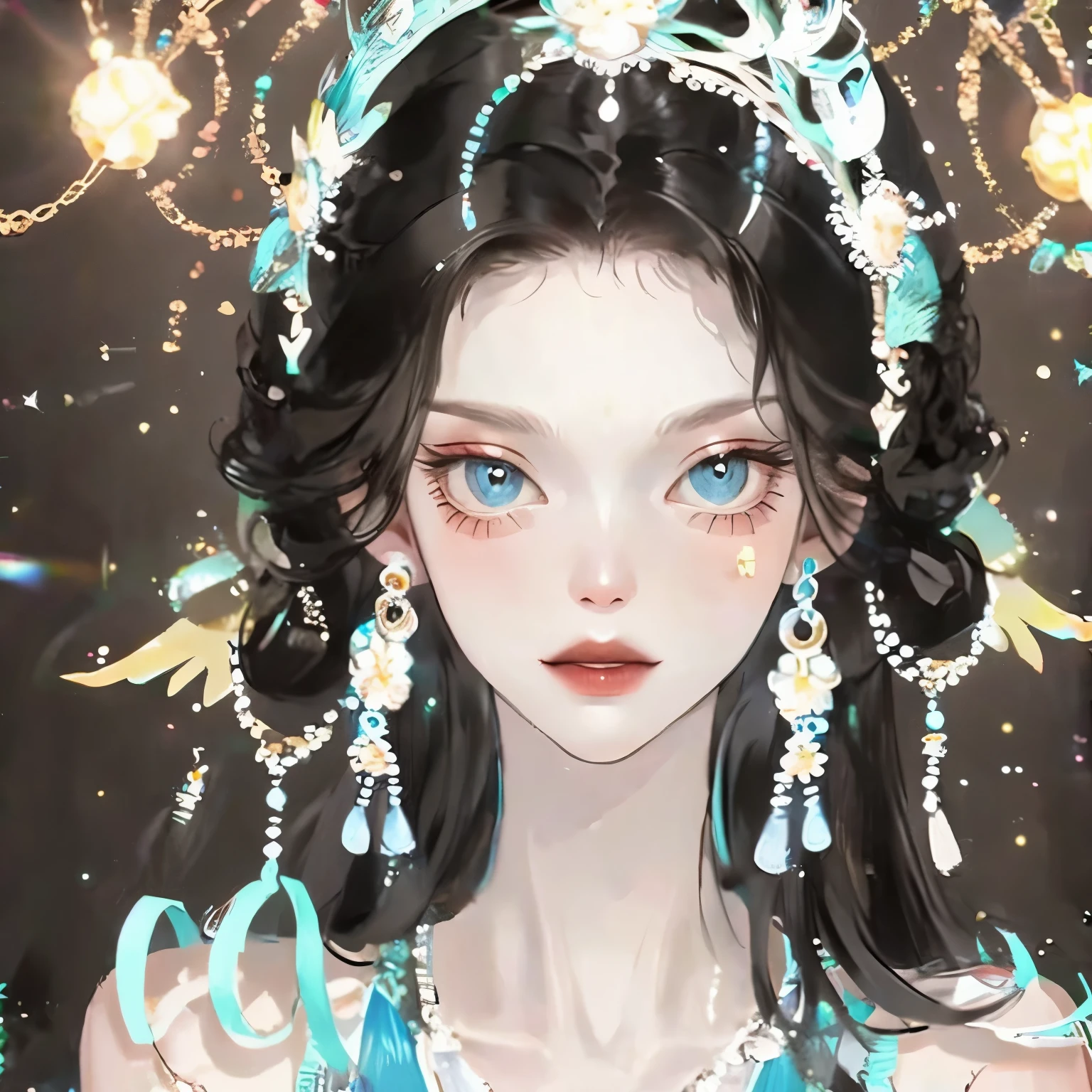 1 female, black hair, blue pupils, delicate face, Lovely, earrings, white dress,  Playful, ultra high definition, masterpiece, best quality, Ultra-detailed, precise