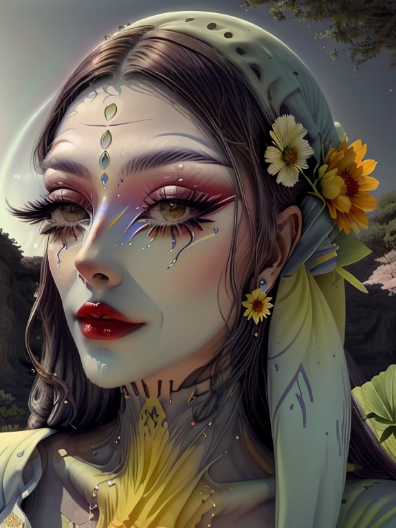 (melhor qualidade, ultra-detalhado),  alien, sorrindo, campo de flor, flor no ouvido, olhos detalhados bonitos, Beautiful red lips, flores roxas, azuis e rosas, pele brilhante, olhos verdes, peaceful expression, grama amarela e verde, borboletas voando, luz solar suave, atmosfera alegre, cores quentes, delicate petals, lush vegetation, harmonious composition, natureza vibrante, fundo de sonho, aura encantadora, Fantasy vibes, ambiente surreal, Ethereal beauty, detalhes impressionantes, vestido de seda com decote detalhado , feliz, space sky, nascer do sol ao fundo, chifres pequenos e sutis