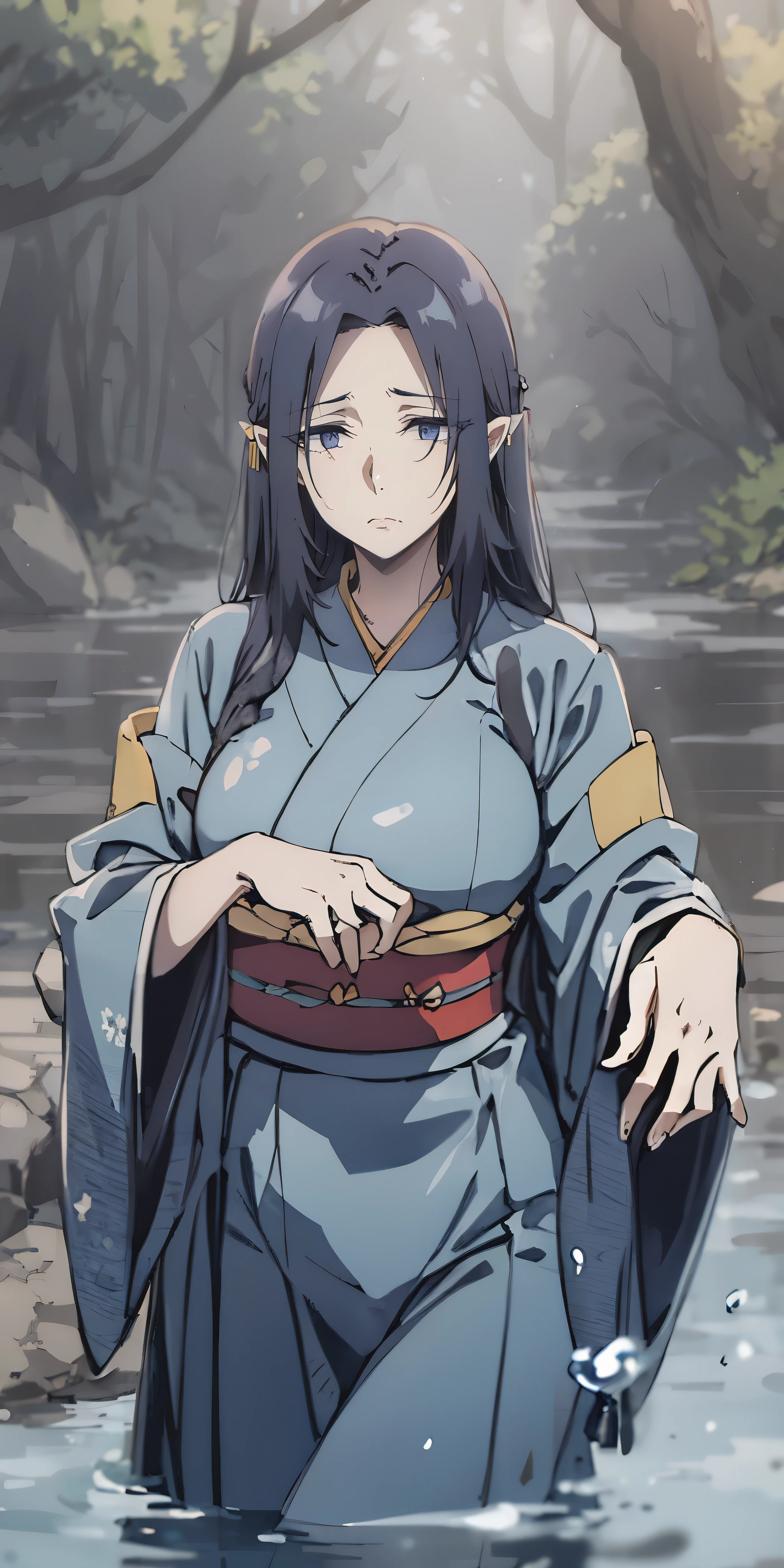 long hair, purple eyes, pointy ears, japanese_clothes, solo, nature,  bangs,  outdoors, standing, forest, looking_at_viewer, water, blurry, male_focus, tree, wide_sleeves, hakama, blurry_foreground, water_drop, kimono, rock, long_sleeves, depth_of_field, black_hair,