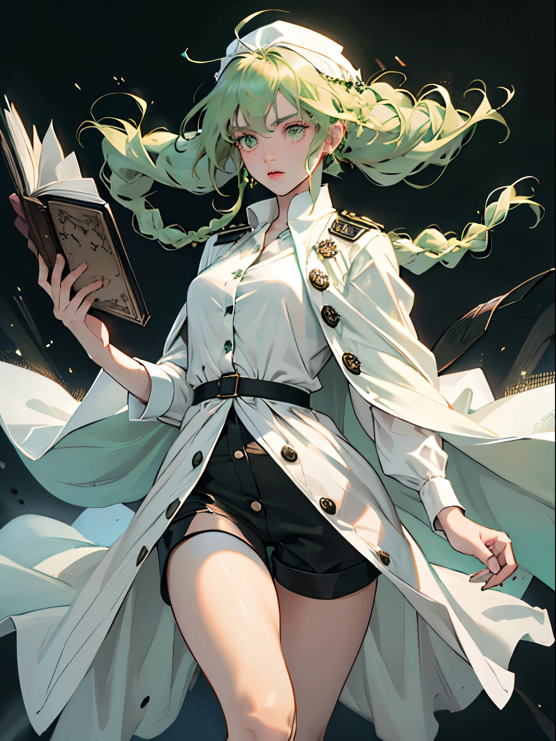 masterpiece, super detailed, 8K portrait, RAW photo, portrait photography, highly detailed face, beautiful and detailed eyes, ((fantasy)), young and beautiful, 22 years ago, (((droopy eyes))), dynamic pose, (((light green hair with medium wavy))), ((Braided twintails)), parted bangs, white skin color, luxury, (((Black Mortarboard Cap))), (((Long cloak of white silk))) fluttering in the wind, (((Many Button Shirt Dresses))), (((black shorts))), High Cut Leather Bootagic book in hand)), midday sun, surreal, body model, small breasts, beautiful breasts, long legs, inside the castle, environmental lighting, shadow details , Focus the camera on the thigh, strong wind, light fog