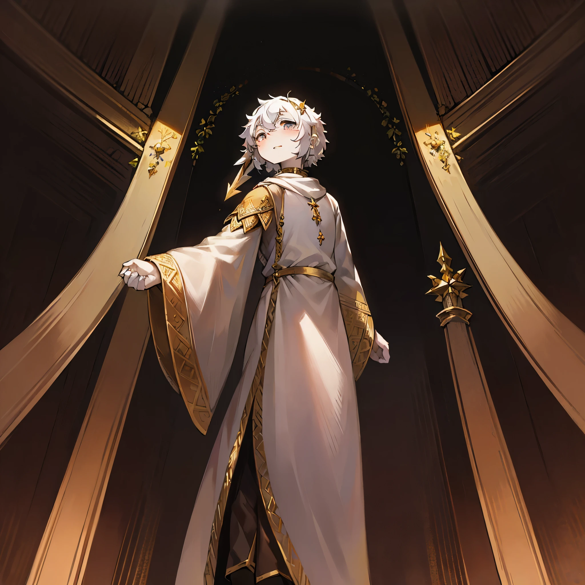 masterpiece, high quality portraits, 3D realistic CG, 16k, dramatic lighting, intricate details, dough, human nature, hairy, white hairy,only male, Sky, dusk, imagine，Floating in the air，White clothing，Eye，金色Eye，金色pupil，pupil，Holding a golden spear，There are golden holy spears around(controlled by him)，Guardians, (bikkitop),firm eyes,Award-winning, best quality, high resolution，complete，Feminine men，white hair,Golden olive branch hair accessory