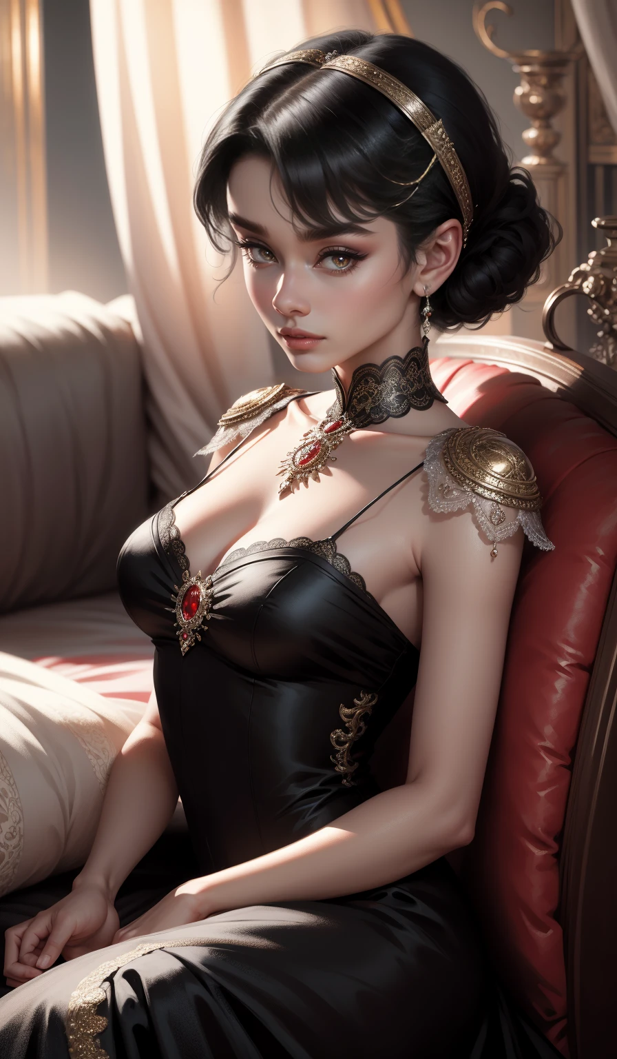 (Masterpiece - Ultra-Detailed, High Resolution) Prepare to be enchanted by a true masterpiece that combines ultra-detailed art with high-resolution rendering. This work shows a mesmerizing woman, with short, black hair, 1928s style,  Audrey Hepburn (1.3) and captivating dark brown eyes (1.2), New York illustration style, wearing red lipstick, emanating an aura of elegance and mystery. Wearing classic victorian dress 1928s clothing.  Intricate details and realistic textures invite you to explore every aspect of this enchanting composition. Black dress. reading, writing, walking, backwards, lying down, standing, dynamic poses, mouth closed. Different posture , dynamic poses, mouth closed. Different posture, with chin resting on shoulder. Perfect fingers. Get ready to dive into a world where beauty and craftsmanship merge perfectly.