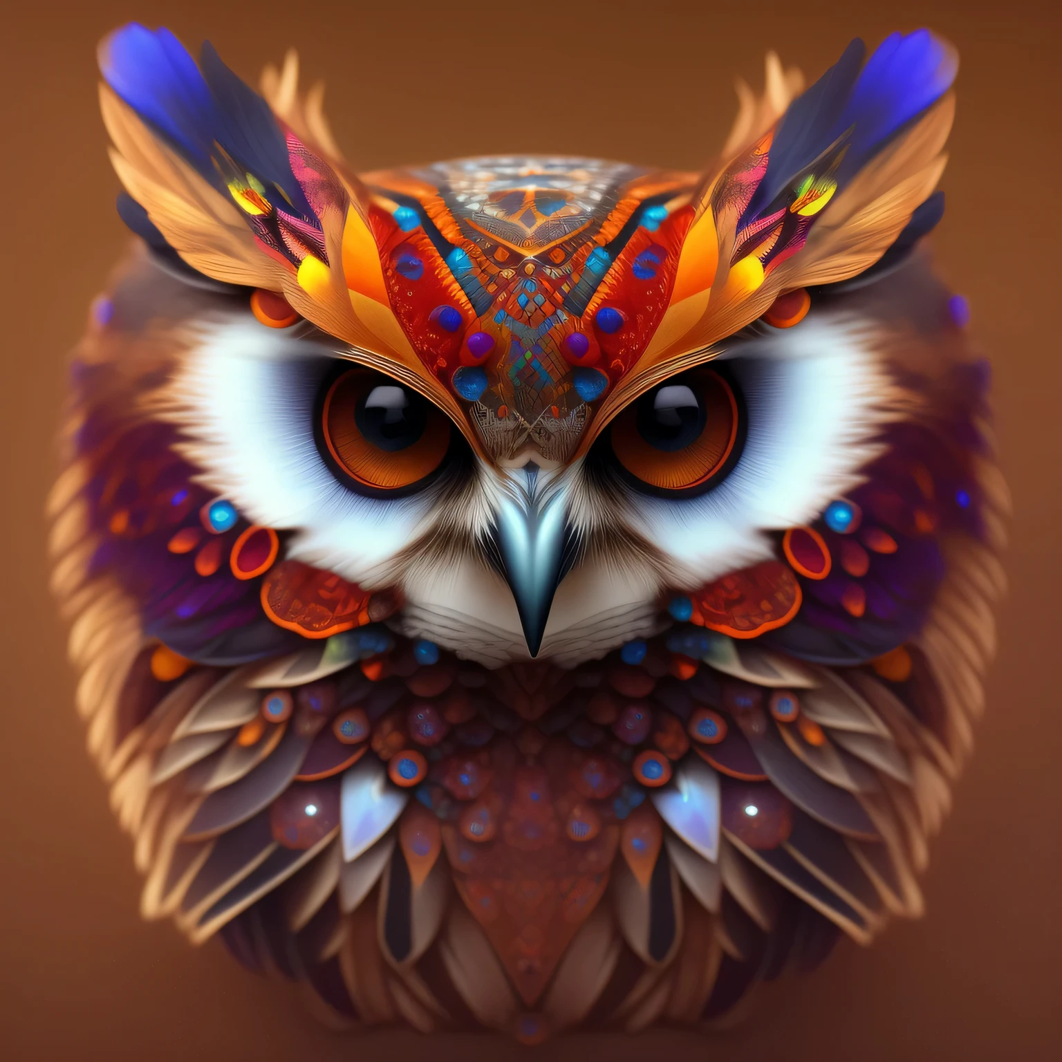 Close-up of an owl with bright eyes and colorful feathers, glowing owl, glowing owl, sparkling bird eyes, Detailed beautiful animals, glowing white owl, Geometric Owl Portrait, art：Alessandro Pautasso, very detailed and hypnotic, 8K高品質の詳細なart, alien owl, 4K の高精細なデジタル art, owl wizard, 4Kの非常に詳細なart