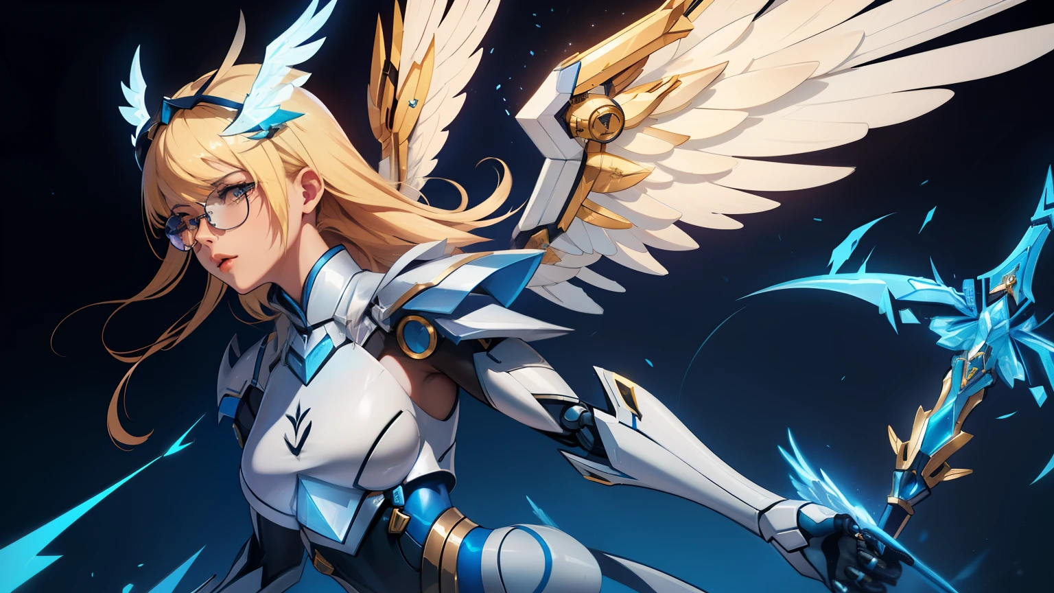 Whole body picture, Saber skin of Rafaela from mobile legends bang bang, with long blonde hair, mechanical wings, magic wand, robot glasses