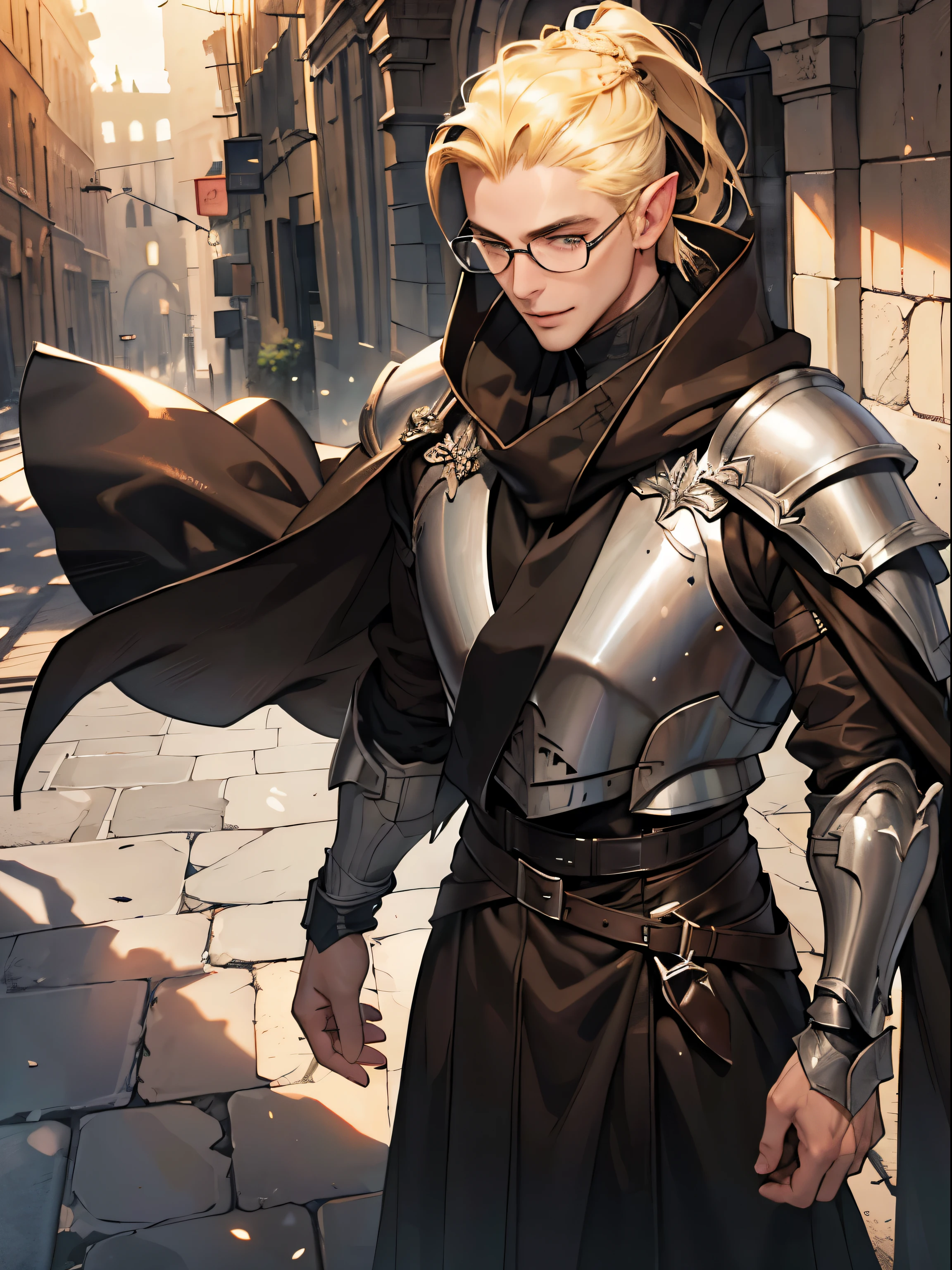 (((((male))))), masterpiece, super detailed, 8K portrait, RAW photo, male's portrait photography, highly detailed face, beautiful and detailed eyes, ((fantasy)), 35 years old (((male))), (((male性の体))), goblin, 190cm, expensive, Glasses, ((blonde)) ponytail (((smooth back hair))), kind face, smile, adventurer, hooded (((dark brown silk long cloak))) fluttering in the wind, (((male性の白板鎧))), leather boots, with a long magic sword, midday sun, surreal, strong body, long legs, inside the castle, environmental lighting, shadow details , focus the camera on the face, strong wind, light fog