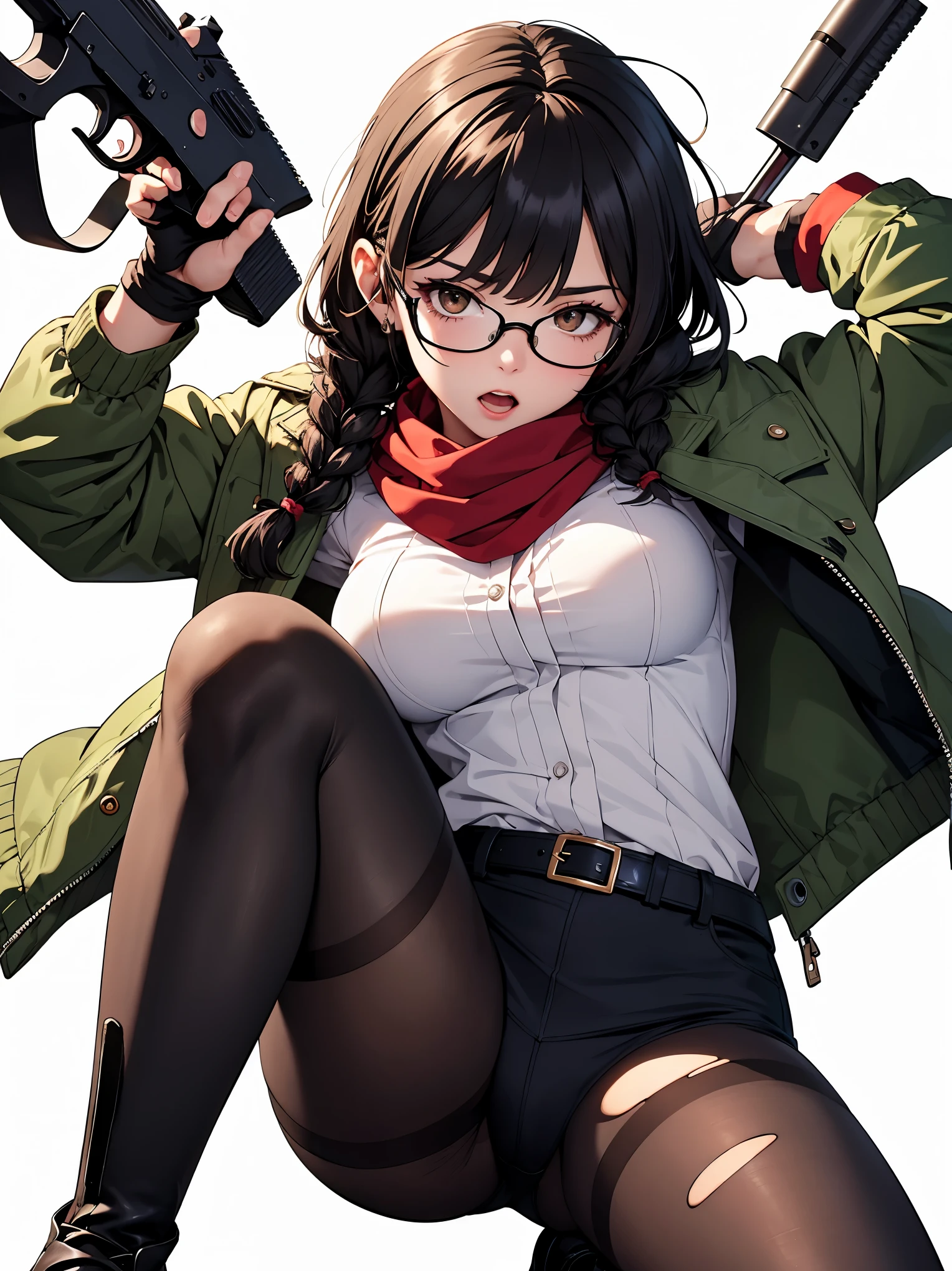 (best quality), ((masterpiece)), (highres), illustration, original, extremely detailed, zlqs, 1girl, solo, weapon, pantyhose, boots, gun, glasses, jacket, torn clothes, white background, black footwear, twin braids, torn pantyhose, simple background, dress, full body, brown pantyhose, braid, hairband, black-framed eyewear, holding weapon, green jacket, open mouth, black hair, holding, white dress, gloves, long hair, holding gun, handgun, brown eyes, looking at viewer, jewelry, knee boots, breasts, bangs, long sleeves, torn dress, scarf, fingerless gloves, open clothes, open jacket, belt