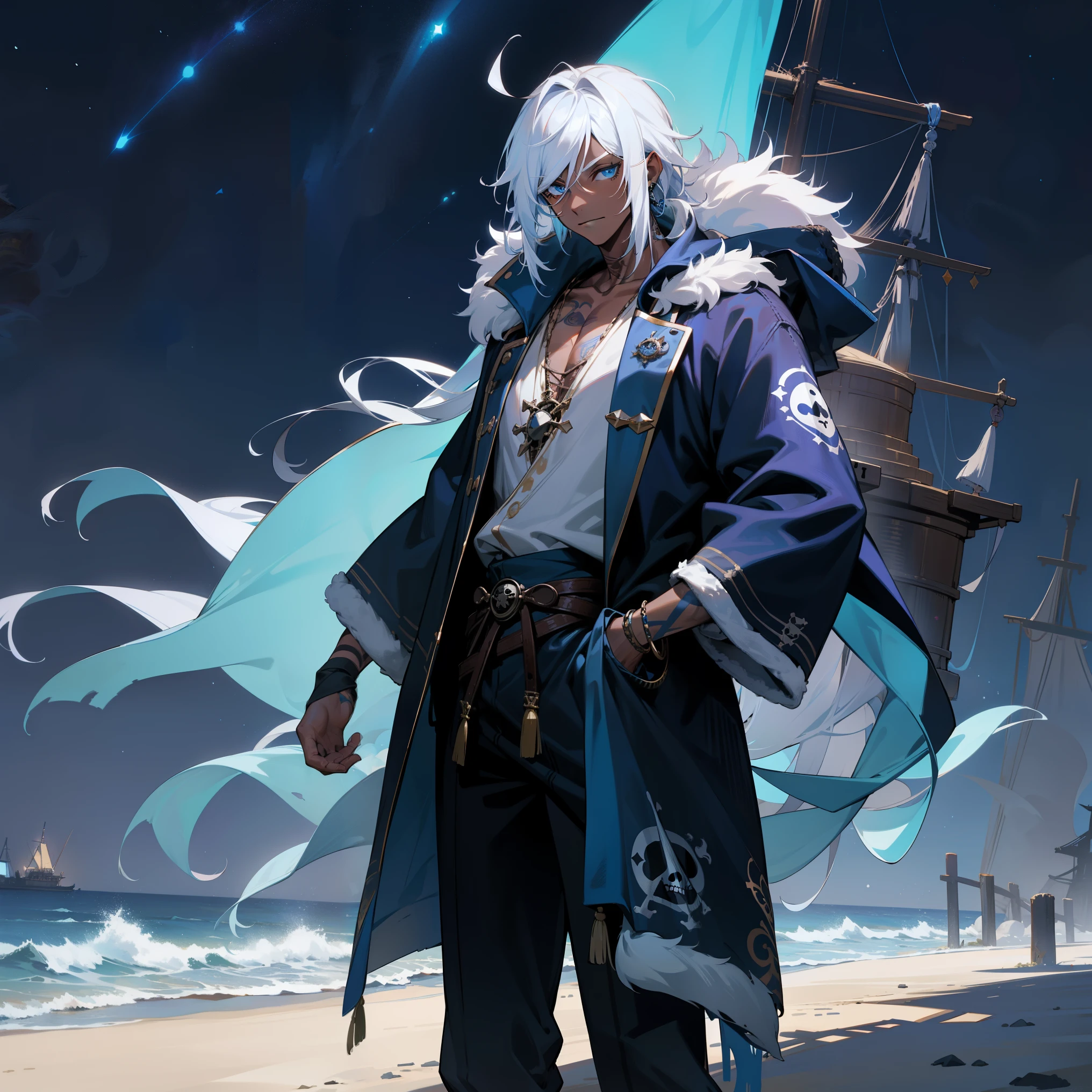 1male, young adult, pirate, dark skin, messy medium length white hair with blue streaks, tattoo, oversized fur hood, loose long sleeve v neck shirt, pirate clothing, blue eyes, earrings, male, standing on beach, night sky, starry sky, lanterns 