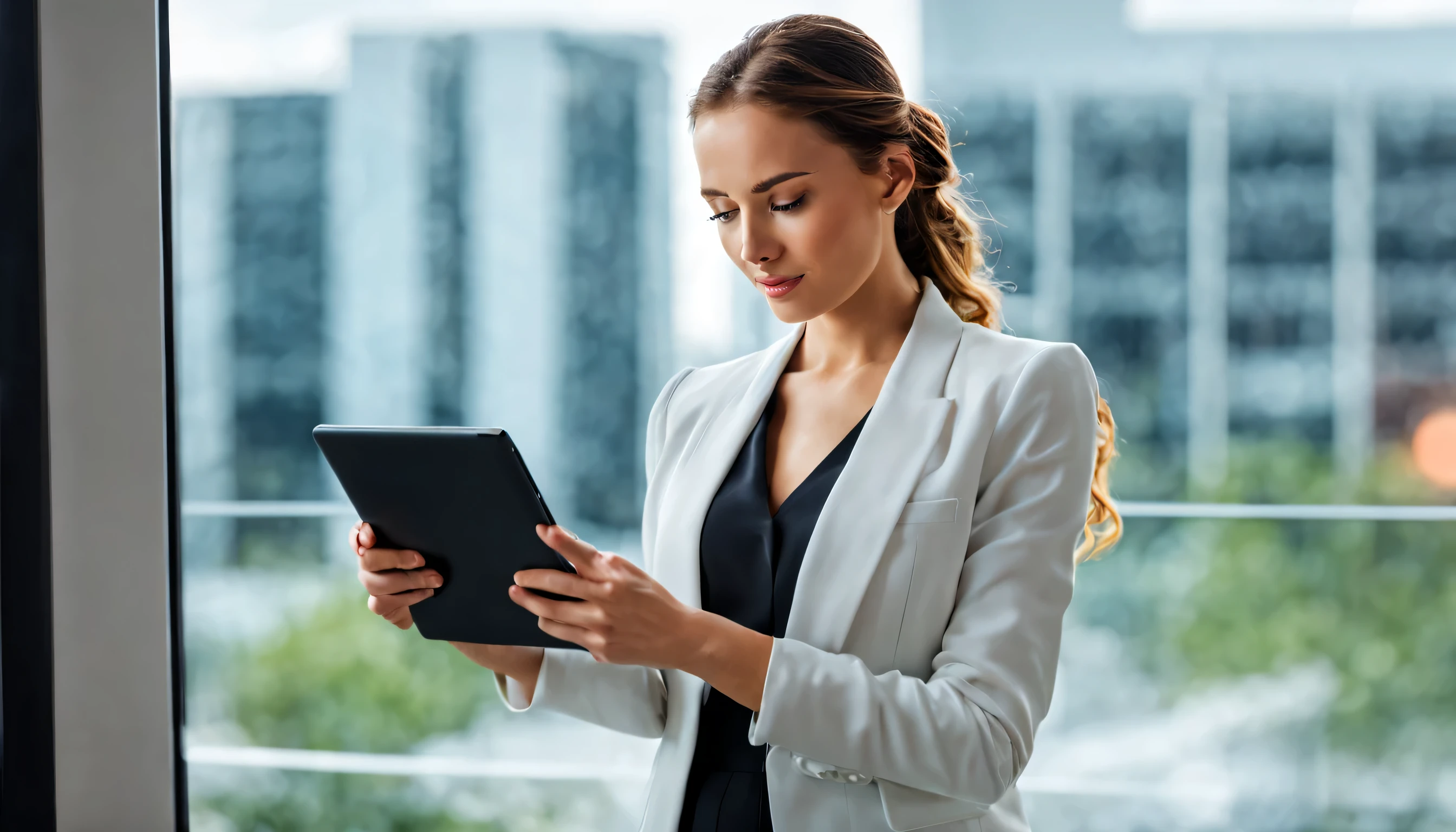 (4k HD)A woman holding a tablet in front of the window, 阿拉米stock photos, High quality fantasy stock photos, women in office attire, Stockphoto, woman in suit, young business woman, High quality stock images, stock art, stock photos, Professional corporate portrait, Dress smart casual, picture, 史诗般的stock photos, Stock, stock photosy