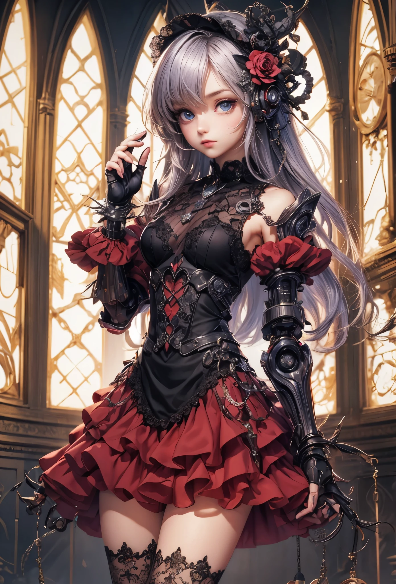 ((Highly accurate drawing in every detail)Extremely precise depiction)[High resolution],(detailed illustrations,とてもfineで緻密な描画,Delicate drawn lines with tempo,Realistic texture expression),[color traced main line],[Ruins of a super ancient civilization],[ANIME] (MACHINEAlice Beauty 16歳) straight long hair [AUTOMATON],([Black Rose] black dress) (cyber alien armor [transparent material]) [thorns] Lock [titanium alloy] [[transparent material]],cybernetic gothic lolita [clear lenticular iris],(intricate and beautiful decoration [Dense detail]),(Fine and beautiful skin expression [transparency]),((Precisely drawn eyes))[完璧な目のdetailed((Beautiful eyes like jewels)Iris drawn in precise detail)[clearly drawn pupils]],[eye light[Pinpoint lighting for the eyes]],[long and beautiful eyelashes],[precisely drawn hair [美しく艷やかな髪のdetailed]],(完璧な手のdetailed [Beautiful fingers with no damage [beautiful nails]]),(perfect anatomy(perfectly balanced proportions))[[full body portrait]],[[Highly constructed design]][ideal color coordination(Accurate simulation of light and material interactions)],([precision detail](detailed,高fine)),[Visual art that tells a story],((highest quality)fine[[High density drawing]])(4K quality).