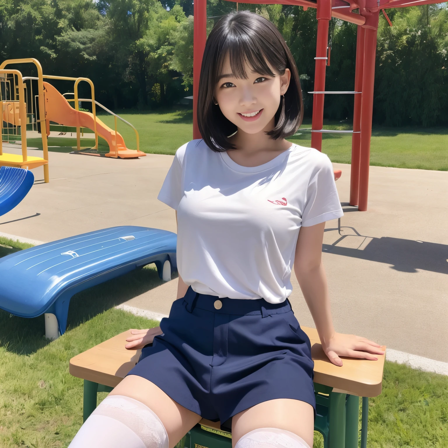 (have sex with a man:1.5)、(table top:1.5)、(highest quality:1.5)、(16k wallpaper:1.2)、(Photoreal:1.2)、(super detailed:1.2)、(超A high resolution:1.2)、super dense skin、Dense and beautiful eyes、natural color lip、White short-sleeved plain T-shirt and navy blue sports pants 、slim thighs、18 year old female、medium long bob hair、big and full breasts、red cheeks、Smile with your mouth wide open、school playground、white knee socks、grass
