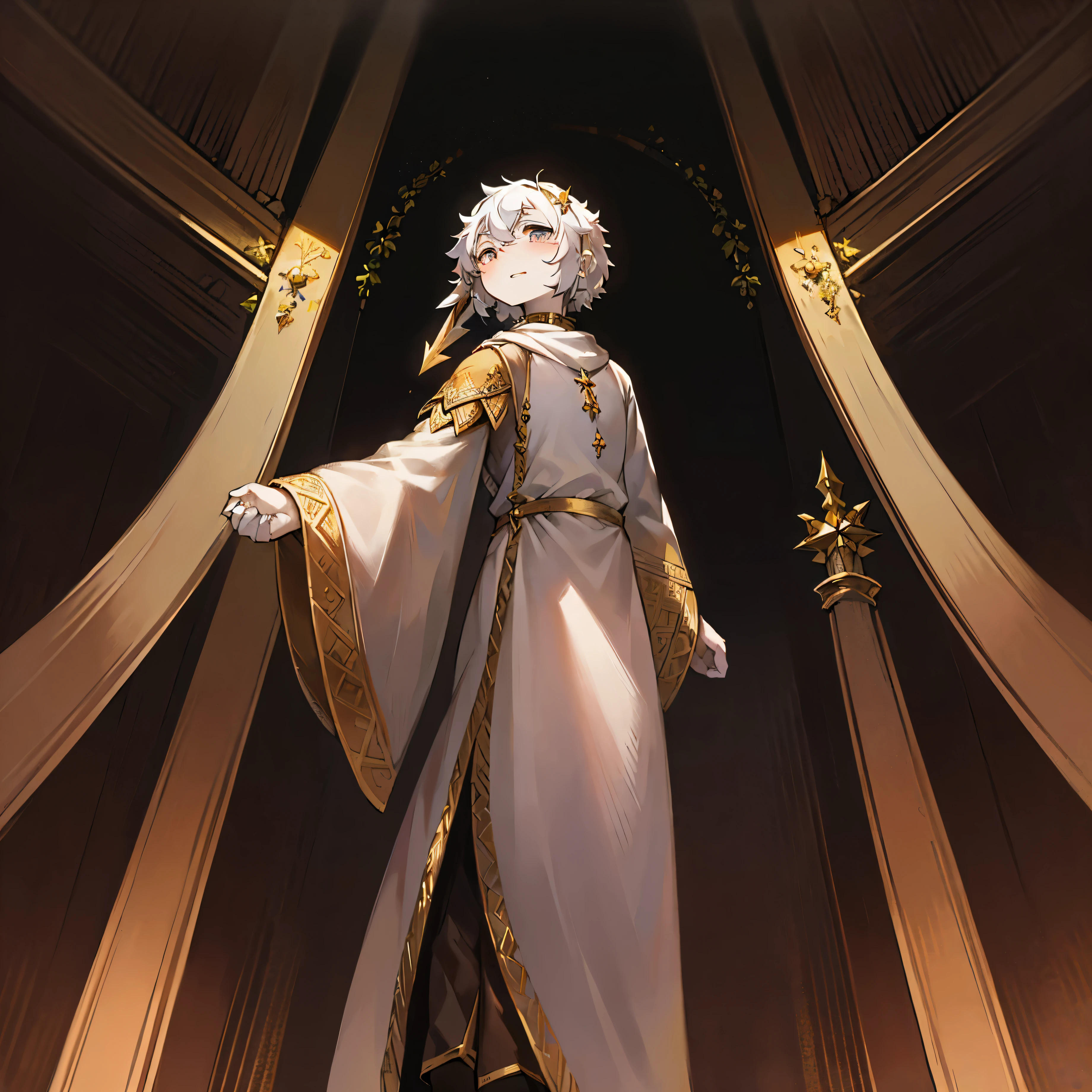 masterpiece, high quality portraits, 3D realistic CG, 16k, dramatic lighting, intricate details, dough, human nature, hairy, white hairy,Only men, Sky, dusk, imagine，floating in the air，White clothes，Eye，金色Eye，金色pupil，pupil，Holding a golden spear，There are golden holy spears around(under his control)，Guardians, (beachtop),firm eyes,Award-winning, best quality, high resolution，fully，Feminine men，white hair,Golden olive branch hair accessory
