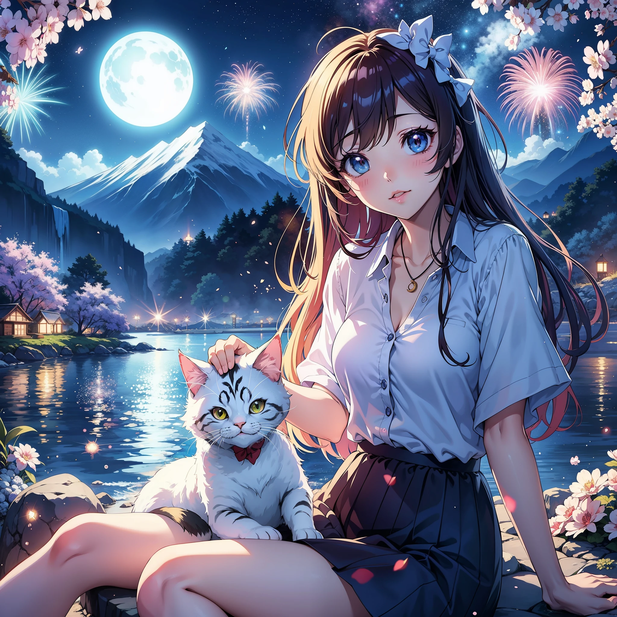 Anime girl and a cat sitting on rocks by the water, anime style 4 k, beautiful Anime catsgirl, very beautiful Anime cats girl, Anime cats, Anime Art Wallpaper 4k, anime art wallpaper 4k, anime art wallpaper 8k, anime wallpaper 4k, anime wallpaper 4k, 4k anime wallpaper, anime style. 8k