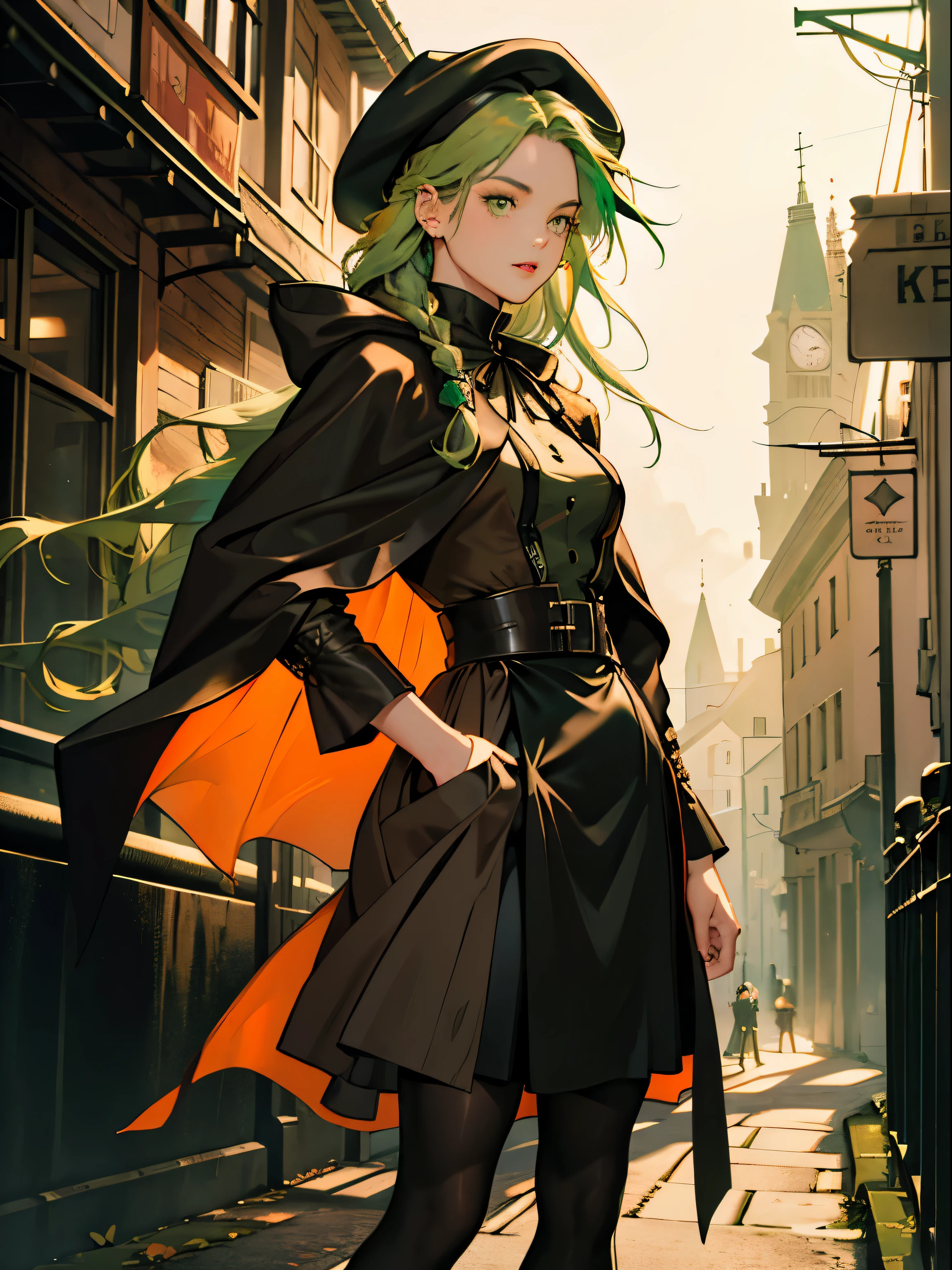 masterpiece, Super detailed, 8K portrait, RAW photo, portrait photography, highly detailed face, beautiful and detailed eyes, ((fantasy)), young and beautiful, 22 years ago, dynamic pose, (((long straight deep green hair))), ((One side is woven with orange ribbon)), dull bangs, beret, white skin color, luxury, hooded (((Dark brown))) (((Silk Long Cloak))) fluttering in the wind, (((dress shirt))), (((silk maxi skirt))), leather corset, (((dark thigh high tights))), High Cut Leather Boots, (((Lift a long magic wand))), ((wear a pocket watch)), midday sun, surreal, body model, small breasts, beautiful breasts, long legs, city, environmental lighting, shadow details , focus the camera on the face, strong wind, light fog