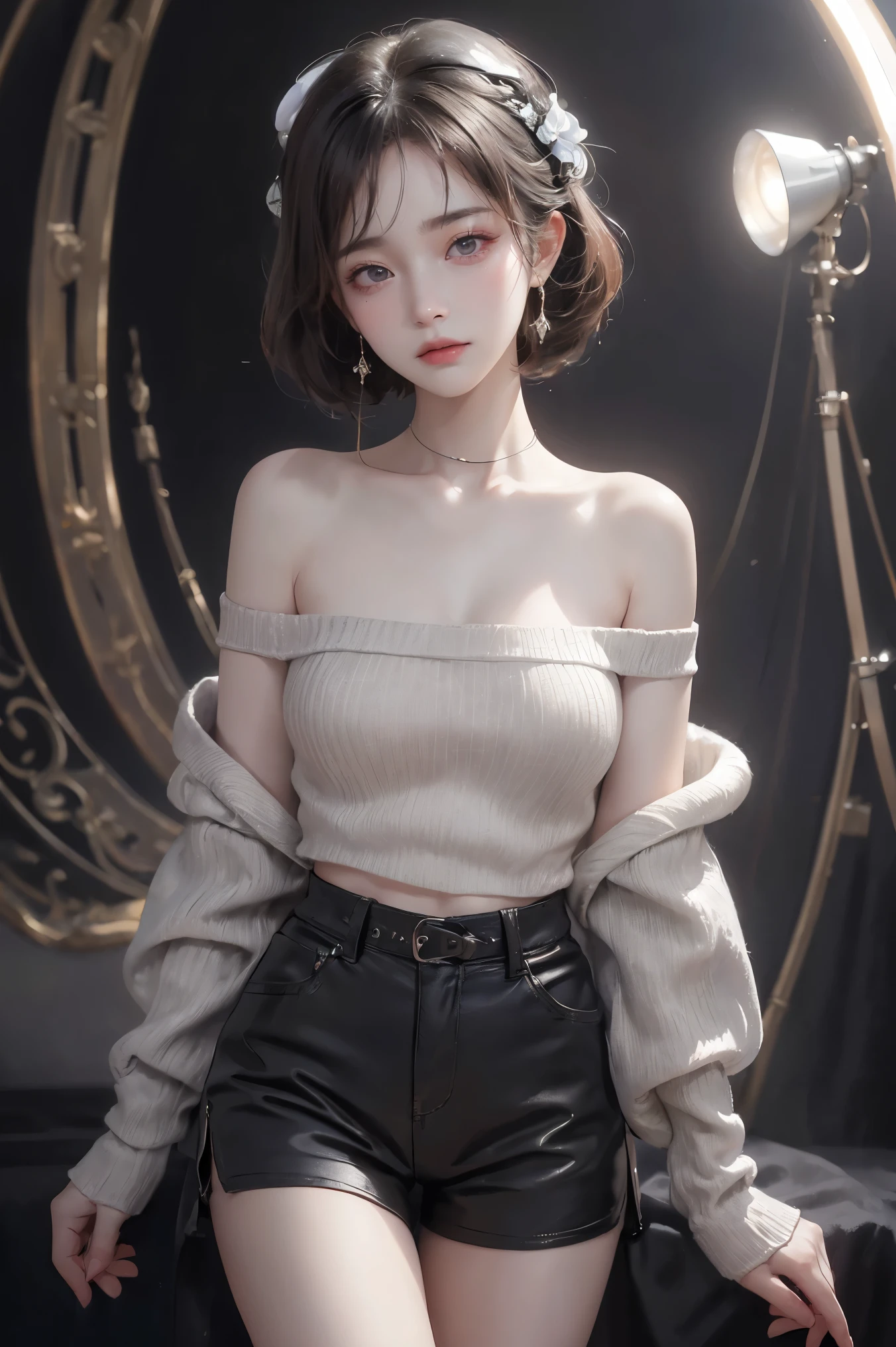 side slate), best quality, Very detailed, (watercolor), bloom, Exquisite and beautiful, illustration, (from below),(1 girl:1.4), (alone:1.2), ???????????, (ribbed sweater:1.3), off shoulder sweater, (shorts:1.2), ???? shoulders, (Lower ?????), ((dark skin:0.8)), beautiful eyes, (disheveled hair ), photography, over the shoulder shot, by Alex Maleev, professional, canon camera, Nikon camera, sharp, Bokeh, Studio quality, Fisheye lens, Robert Capa ,SLR camera