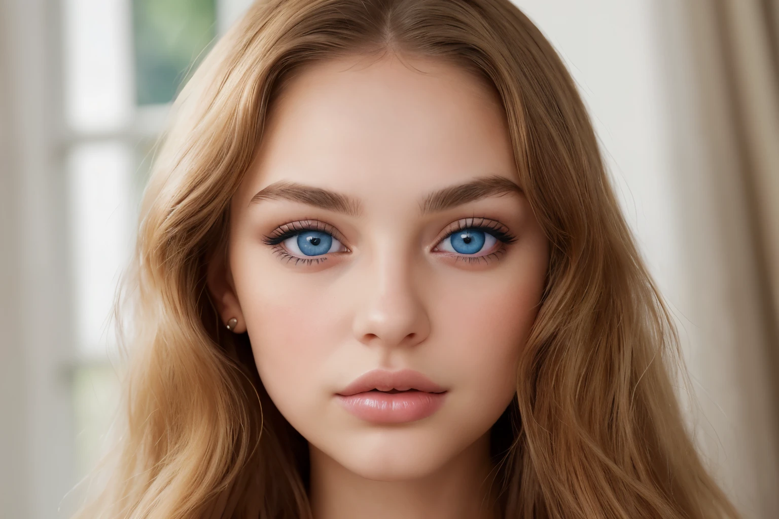 Woman with Captivating Blue Eyes: In this ultra-realistic and meticulously detailed portrait, named "Retrato de Sophie Mudd," a woman with long, golden hair cascading down to her shoulders and captivating blue eyes gazes intently into the fourth wall. Her bare-faced, natural makeup accentuates her striking features, with a subtle glow on her cheeks, highlighting her bold eyebrows and full lips. Her piercing blue eyes, filled with depth and emotion, are the center of attention, with highly detailed and glowing pupils that seem to capture the light and draw the viewer in.

This impressive full-body photograph was taken with a high-end DSLR camera