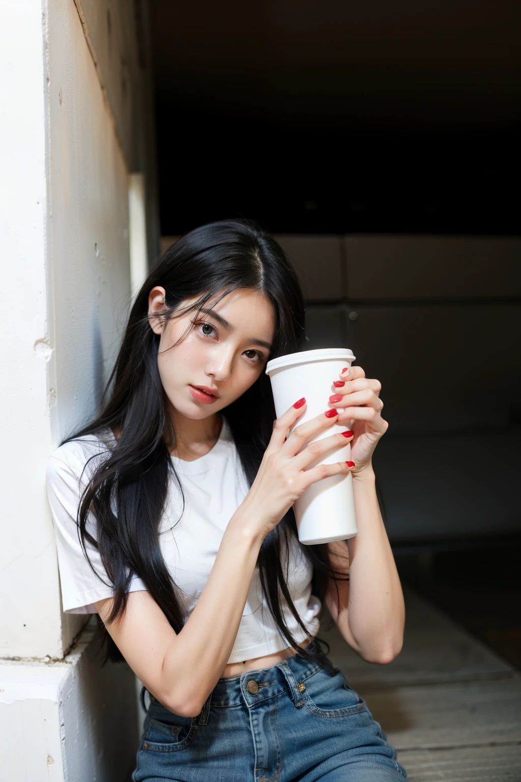 1 girl, black long hair, white t shirts, jeans, holding a cup