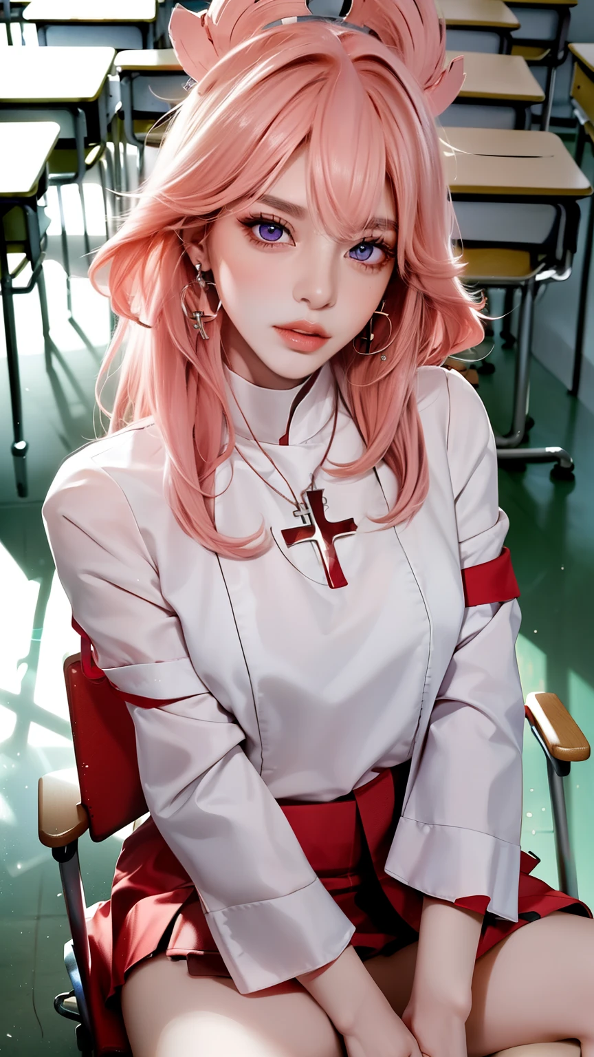 (masterpiece: 1.3), (maximum resolution: 1.2), (ultra high definition tv: 1.2), Cinema lights, ultra high definition tv, (Detailed eyes and skin), (Detailed facial features), high dynamic range, 8k resolution, sharp focus: 1.2, perfect style, pretty face, precise, anatomically correct, Highly detailed facial and skin textures, delicate eyes, purple eyes, double eyelids, thin eyebrows, glitter eyeliner: 1.2, natural cheeks, Glowing skin, White skin: 1.2, sparkly necklace and earrings, (glossy lips: 1.4), rest, First-person perspective, Wearing high school uniform, (seductive face: 1.2), innocent and cute girl, (pink hair,headgear), long hair, The scene seen from above, (full-body shot: 1.2), focus on face, ((very close: 1.2)), (medium large breasts), (((in the classroom: 1.2)), ((Sitting cross-legged on a school chair:1.4)), (staring at me)), (from the side:1.2)