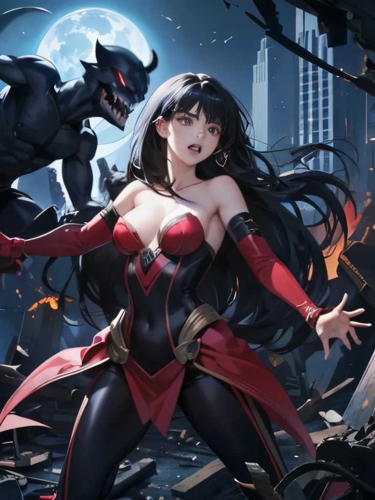 highest quality、Beautiful woman with medium-long black hair、sharp eyes、Fights in a blue hero suit with red patternedium breasts、fighting pose、Countless Venoms attack(sharp fangs and claws、open your mouth wide)、Venom and others surrounding the woman、Venom cuts through the suit、Collapsed buildings on a moonlit night、despair、dark fantasy