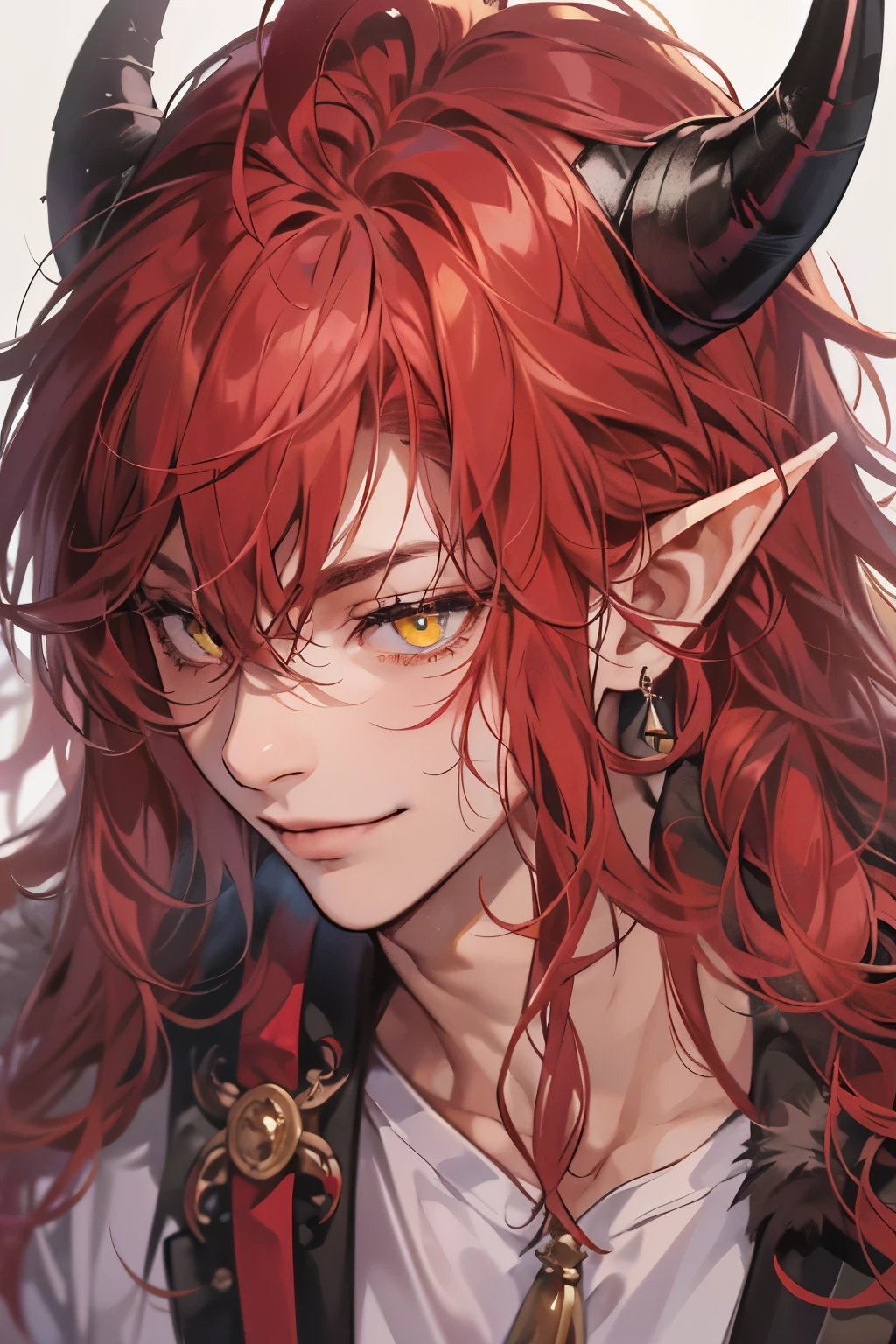 (table top, digital art, digital illustration, 4k, 8k, Super detailed, beautiful images, clear image, realistic, RAW photo, perfect face, perfect lines, perfect eyes, soft lighting) 1 male human, (redhead、long hair、amber eyes,messy hair、bullish look,Smile confidently、devil、It has two black horns on its head...、Pointed elf-like ears、32 years old:1.3),ハンサムなmale性, (White T-shirt with dowel dowel、vest、muscular、Thin macho,solid shoulder width, male:1.2),足を組んでking座に座る、king、Demon king、hair blowing in the wind、Healthy tanned skin、desert oasis、1guy , dark skin,pointy ears, phairs between eyes,ahoge,(stubble:0.5), red hair and horns on his head ,  ((handsome)), ((red long hair),(black cow horns),((yellow eyes)), (sharp years), fur vest,fur_trim,white T-shirts,burgundy cargo pants, solo focus, wry smile,