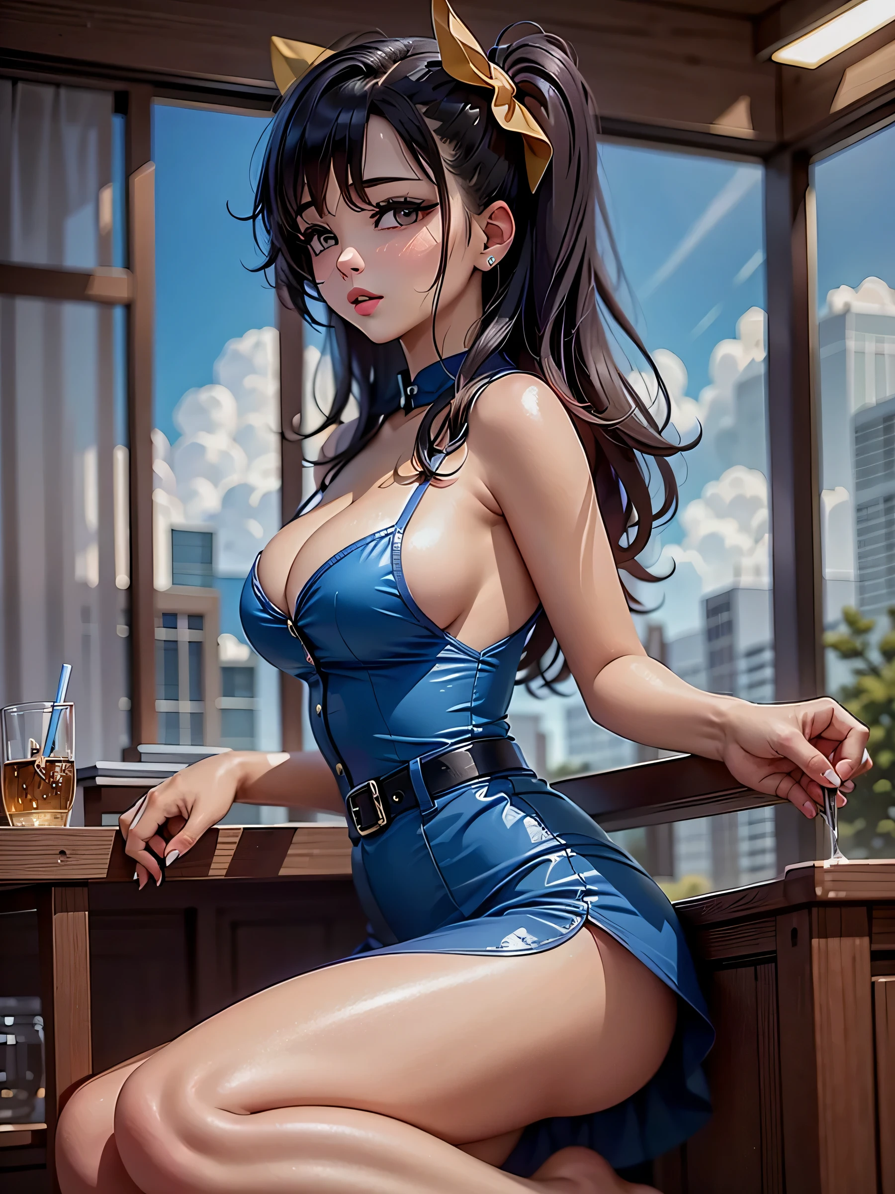 realistic , (masterpiece, best quality),(solo) ,(Milf), Linda Cardellini as Velma in Scooby-Doo, tight tubetop, [brown|purple|black hair], long hair, hair bow, hair ribbon, ponytail, makeup, blue eyes, ,choker, blue suit, pencil skirt, black thighhighs, high heels, school, classroom, blackboard,
