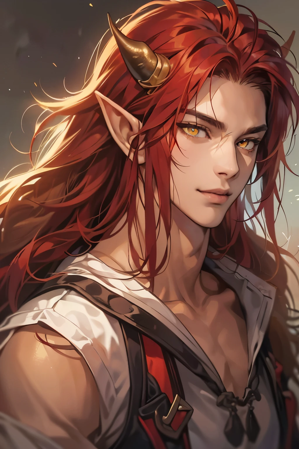 (table top, digital art, digital illustration, 4k, 8k, Super detailed, beautiful images, clear image, realistic, RAW photo, perfect face, perfect lines, perfect eyes, soft lighting) 1 male human, (redhead、long hair、amber eyes,messy hair、bullish look,Smile confidently、devil、It has two black horns on its head...、Pointed elf-like ears、32 years old:1.3),ハンサムなmale性, (White T-shirt with dowel dowel、vest、muscular、Thin macho,solid shoulder width, male:1.2),足を組んでking座に座る、king、Demon king、hair blowing in the wind、Healthy tanned skin、desert oasis、1guy , dark skin,pointy ears, phairs between eyes,ahoge,(stubble:0.5), red hair and horns on his head , ((handsome)), ((red long hair),(black cow horns),((yellow eyes)), (sharp years), fur vest,fur_trim,white T-shirts,burgundy cargo pants, solo focus, wry smile,