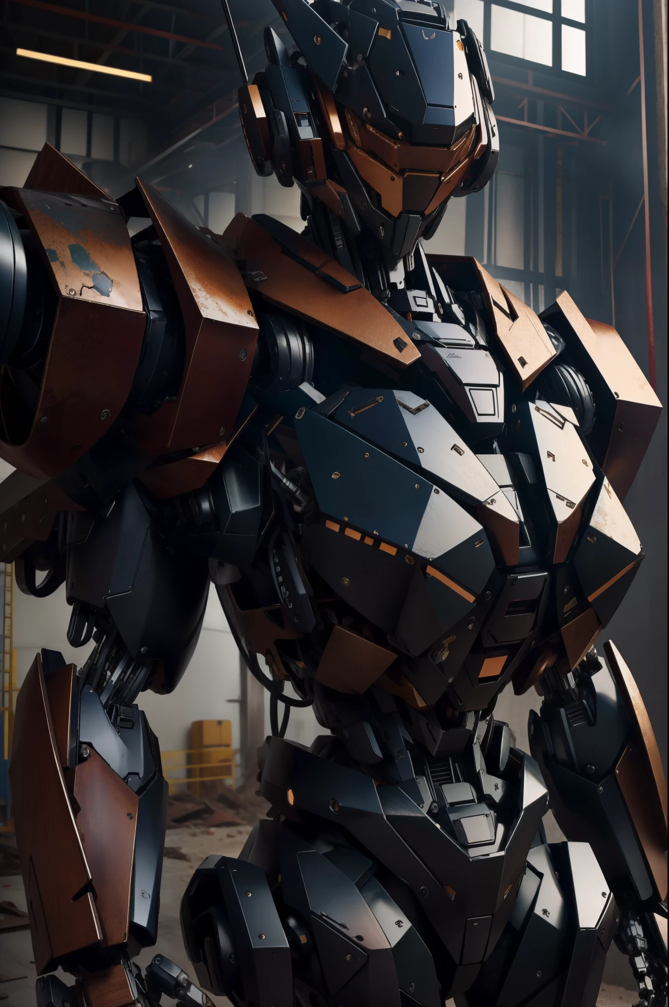 (obra-prima, melhor qualidade), detalhes intrincados, foto, realista, motor irreal, Mecha, robot humanoide, robot, joints do robot, joints, capacete, armadura,  robot, seios, enferrujado, abandoned warehouse, terminais de computador, eletricidade em arco, sp3ct4, atmosfera escura,