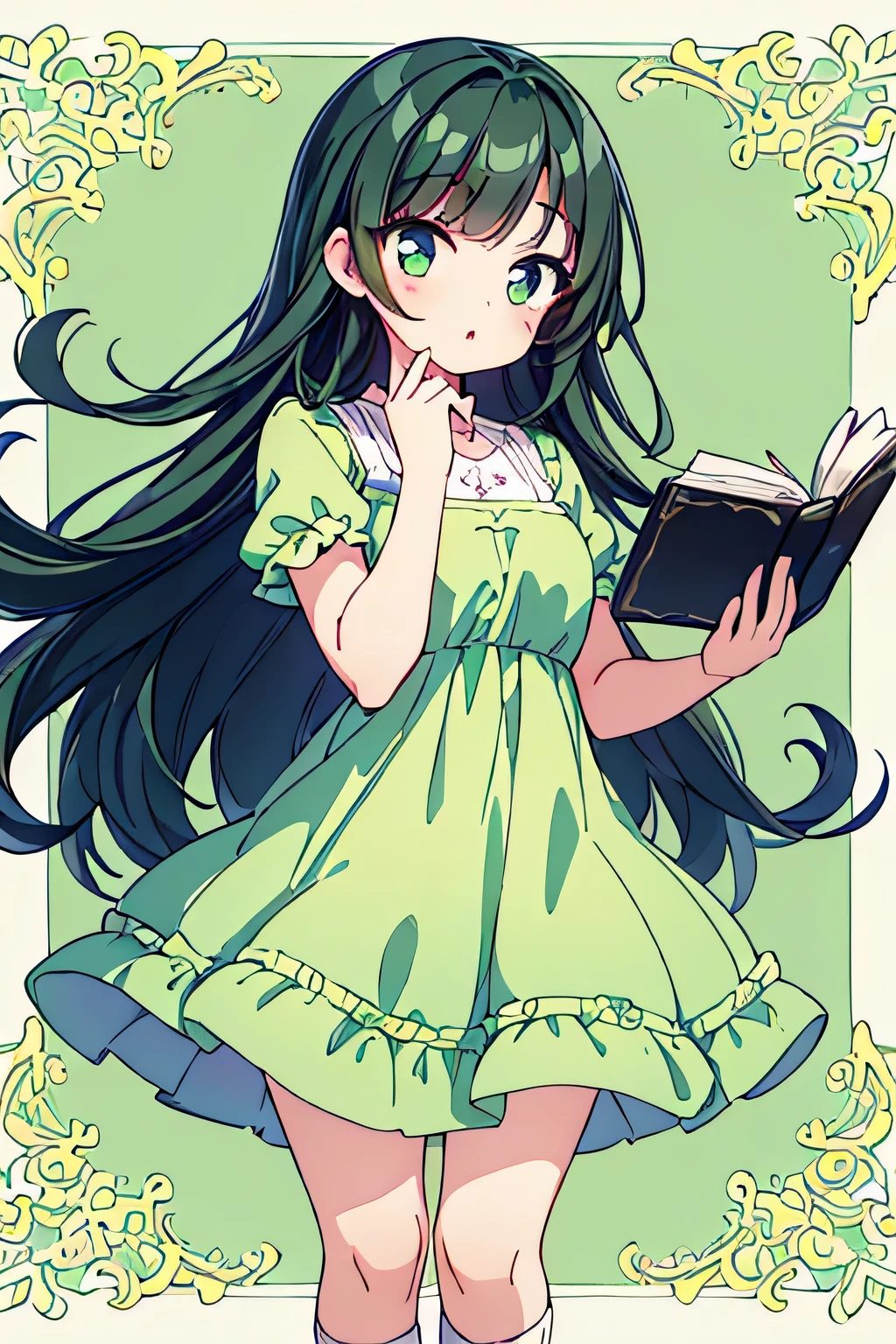 1 girl, pretty girl, finely, (highest quality), (intricate details), cute style, ,((pastel green dress)), book reading style, colorful, ((long black hair)), highest quality, , ((white socks)), ((round eyes)), beautiful face, cute face, pin up, perfect face, simple background,forest background