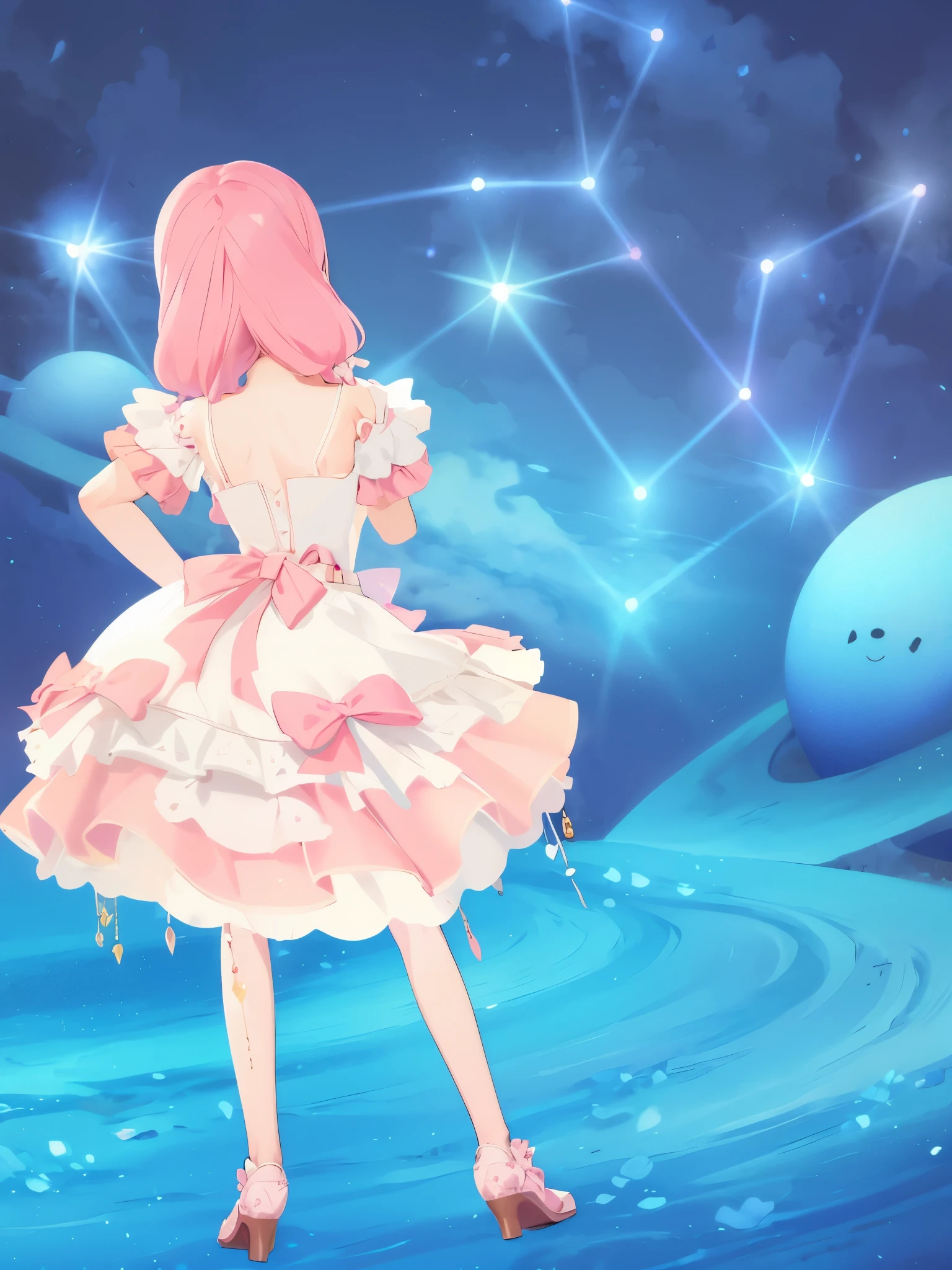 (masterpiece:1.2), best quality, highres, original, (extremely detailed:1.2), ultra-detailed, wallpaper, perfect lighting,(extremely detailed CG:1.2), 8k, anime illustration, HD, girl in a pink dress standing in front of a blue background, cute girl, pixiv, rococo, ta Fashion, delicate dress, pink hair, dreamy style, magical girl, back-angle, from behind