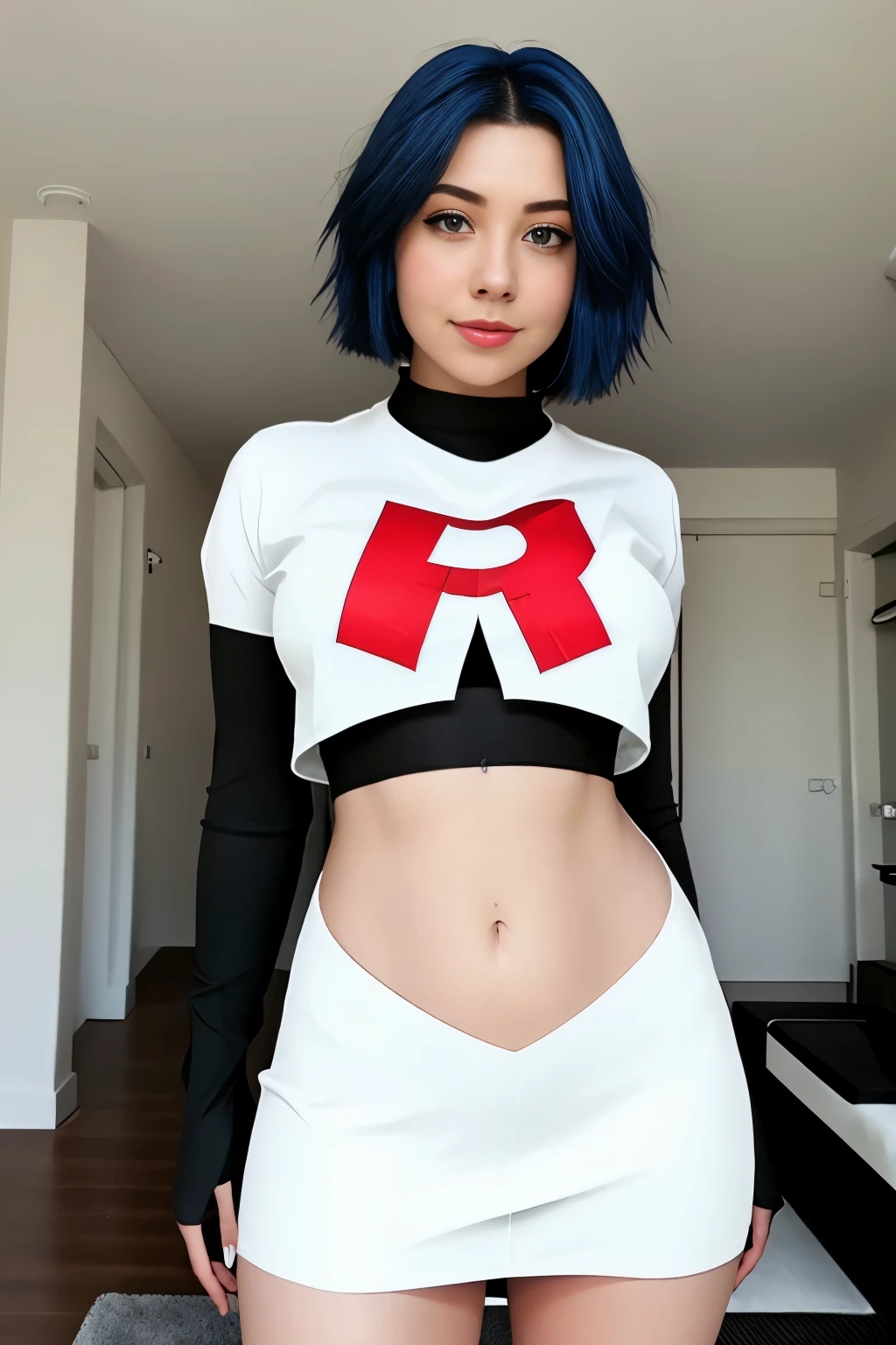 masterpiece,(best quality:1.2),girl,haircut,team rocket,team rocket uniform,white skirt,red letter R,crop top,black thigh-highs,black elbow gloves,