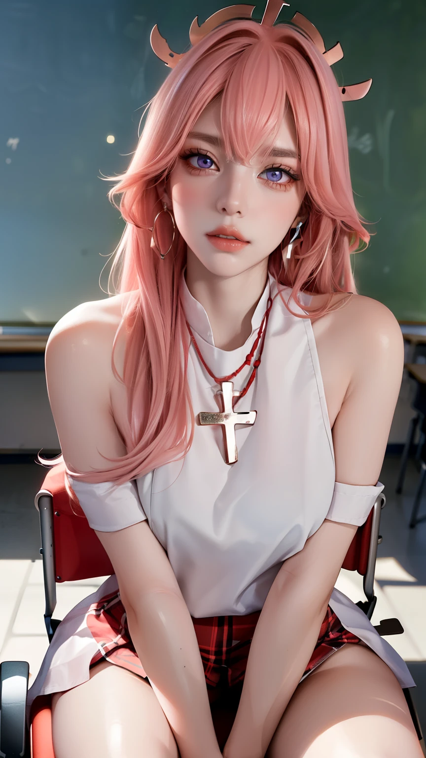 (masterpiece: 1.3), (maximum resolution: 1.2), (ultra high definition tv: 1.2), Cinema lights, ultra high definition tv, (Detailed eyes and skin), (Detailed facial features), high dynamic range, 8k resolution, sharp focus: 1.2, perfect style, pretty face, precise, anatomically correct, Highly detailed facial and skin textures, delicate eyes, purple eyes, double eyelids, thin eyebrows, glitter eyeliner: 1.2, natural cheeks, Glowing skin, White skin: 1.2, sparkly necklace and earrings, (glossy lips: 1.4), rest, First-person perspective, Wearing high school uniform, (seductive face: 1.2), innocent and cute girl, (pink hair,headgear), long hair, The scene seen from above, (full-body shot: 1.2), focus on face, ((very close: 1.2)), (big breasts), (((in the classroom: 1.2)), ((Sitting cross-legged on a school chair:1.4)), (staring at me)), (from the side:1.2)