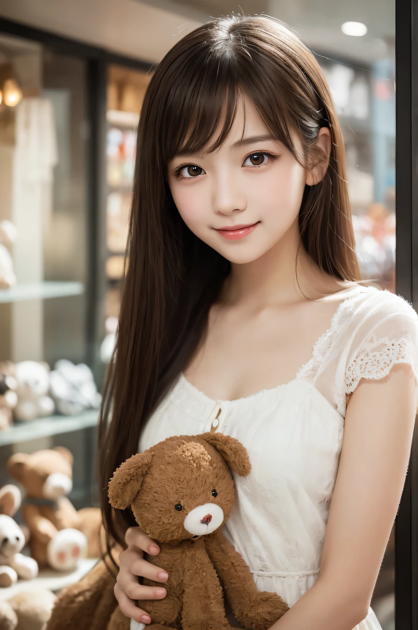 1young girl, long hair, brown eyes, (smile slightly, Innocent and cute expression), model, Enchanting, Sublime, Ethereal, fantastic, extremely detailed CG unified 8k wallpaper, High-definition raw color photos, professional photography, indoors, (Stuffed toy shop, surrounded by lots of stuffed), (Bokeh), depth of fields,