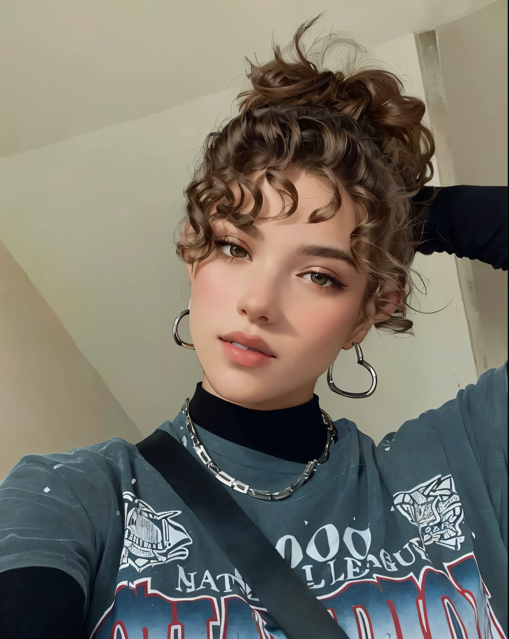 there is a woman with ondulado hair wearing a grey shirt, ondulado bangs, ondulado bangs and ponytail, ondulado and short top hair, ondulado messy high bun hairstyle, messy ondulado hair, ondulado pixie hair, Retrato de Sophie Mudd, rizos en la parte superior, ondulado haired, ondulado pixie cut hair, ondulado, very short ondulado hair, ondulado hair, short ondulado hair, ondulado middle part haircut