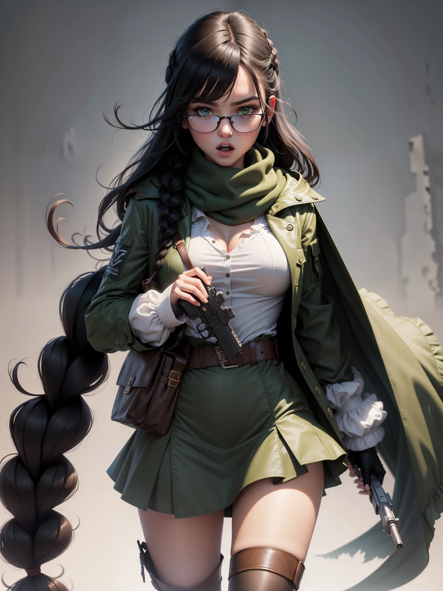 (best quality), ((masterpiece)), (highres), illustration, original, extremely detailed, zlqs, 1girl, solo, weapon, pantyhose, boots, gun, glasses, jacket, torn clothes, white background, black footwear, twin braids, torn pantyhose, simple background, dress, full body, brown pantyhose, braid, hairband, black-framed eyewear, holding weapon, green jacket, open mouth, black hair, holding, white dress, gloves, long hair, holding gun, handgun, brown eyes, looking at viewer, jewelry, knee boots, breasts, bangs, long sleeves, torn dress, scarf, fingerless gloves, open clothes, open jacket, belt