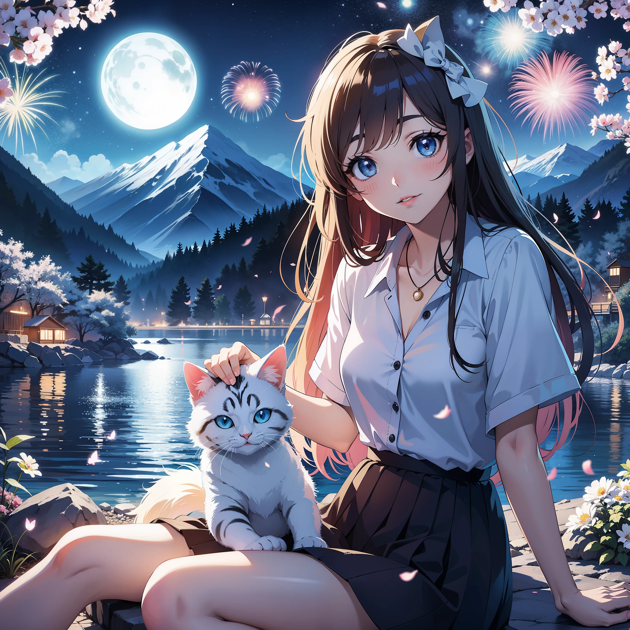Anime girl and a cat sitting on rocks by the water, anime style 4 k, beautiful Anime catsgirl, very beautiful Anime cats girl, Anime cats, Anime Art Wallpaper 4k, anime art wallpaper 4k, anime art wallpaper 8k, anime wallpaper 4k, anime wallpaper 4k, 4k anime wallpaper, anime style. 8k