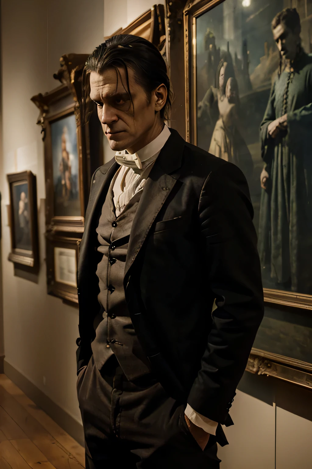 Frankenstein monster is standing in a museum and he is looking at a painting on the wall, the subject of the painting is Frankenstein himself, 8k quality