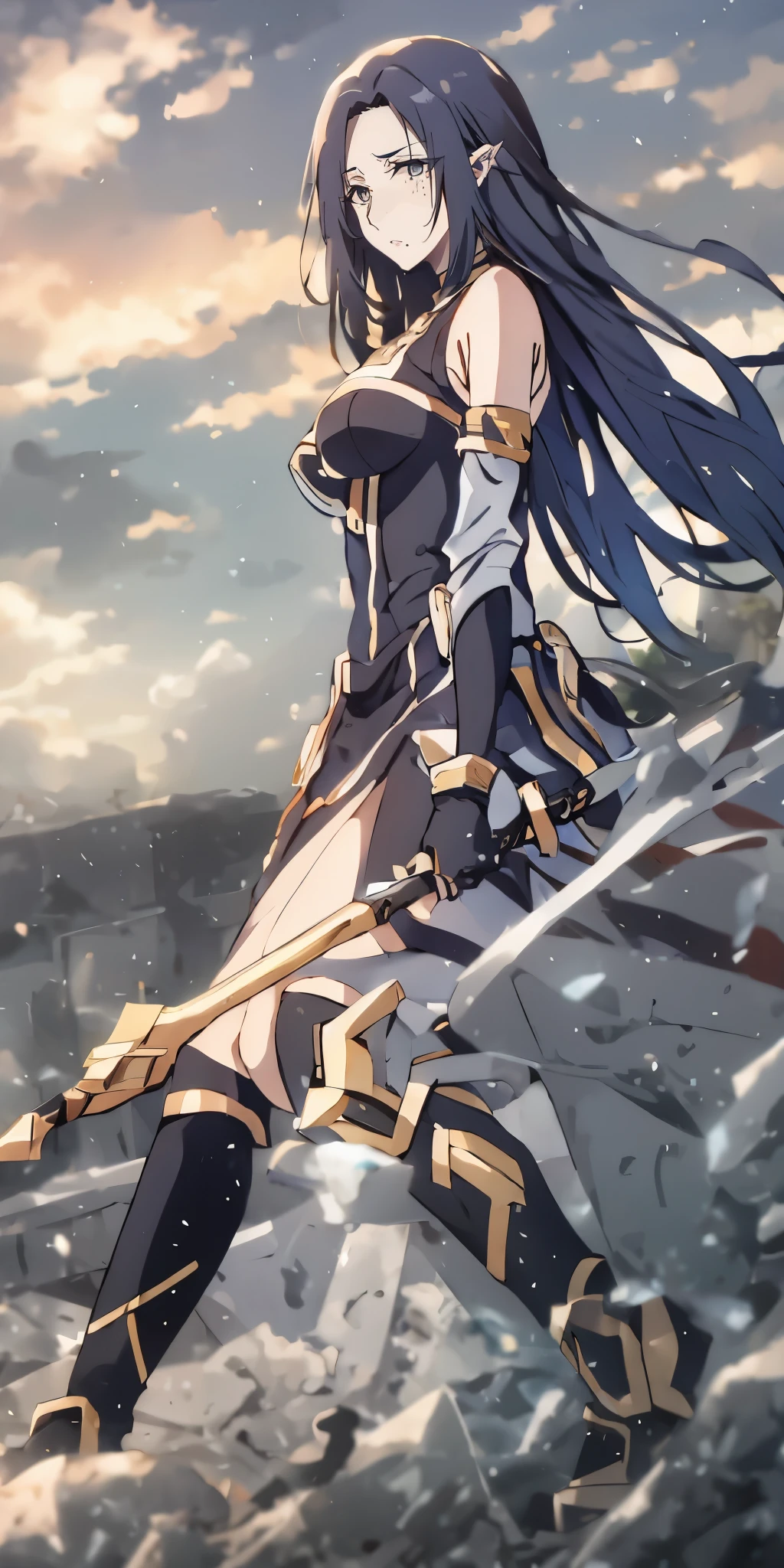 (black hair:1.4), forehead, yellow eyes, 1girl, solo, cloud, breastplate, sky, breasts, floating_hair, bare_shoulders, from_side, outdoors, detached_sleeves, standing, large_breasts, cloudy_sky, dress, skirt, looking_at_viewer, armor, red_skirt, long_sleeves, weapon, medium_breasts,
