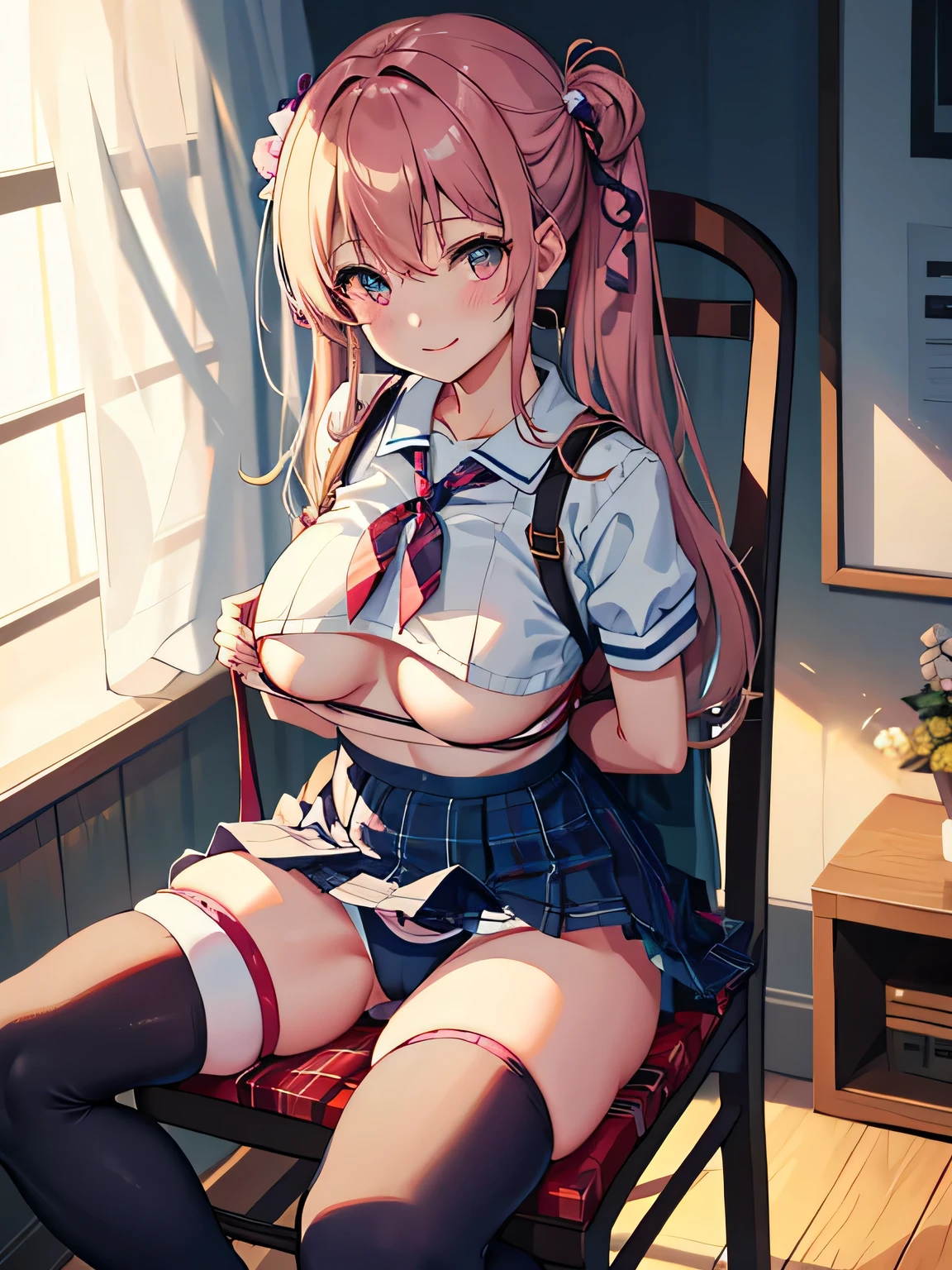 highest quality、High resolution、detailed background、beautiful and detailed face、beautiful and smooth skin、skin texture、professional lighting、Beautiful age girl、(huge breasts:1.2)、sexy sailor suit or uniform、Pleated mini skirt with tartan plaid pattern、cute hairstyle、white knee high socks、((tied to a chair in a small room、全身をbeing restrained、手足をbeing restrained、being restrained、to be tied up))、tied up and legs spread、smile、smile、sexual expression、Show your side while being restrained、emphasize the chest、underboobを強調する、No bra、胸がbeing restrained、太ももがbeing restrained、Arms are tied、
underboob、panty shot、cute panties、camel toe
