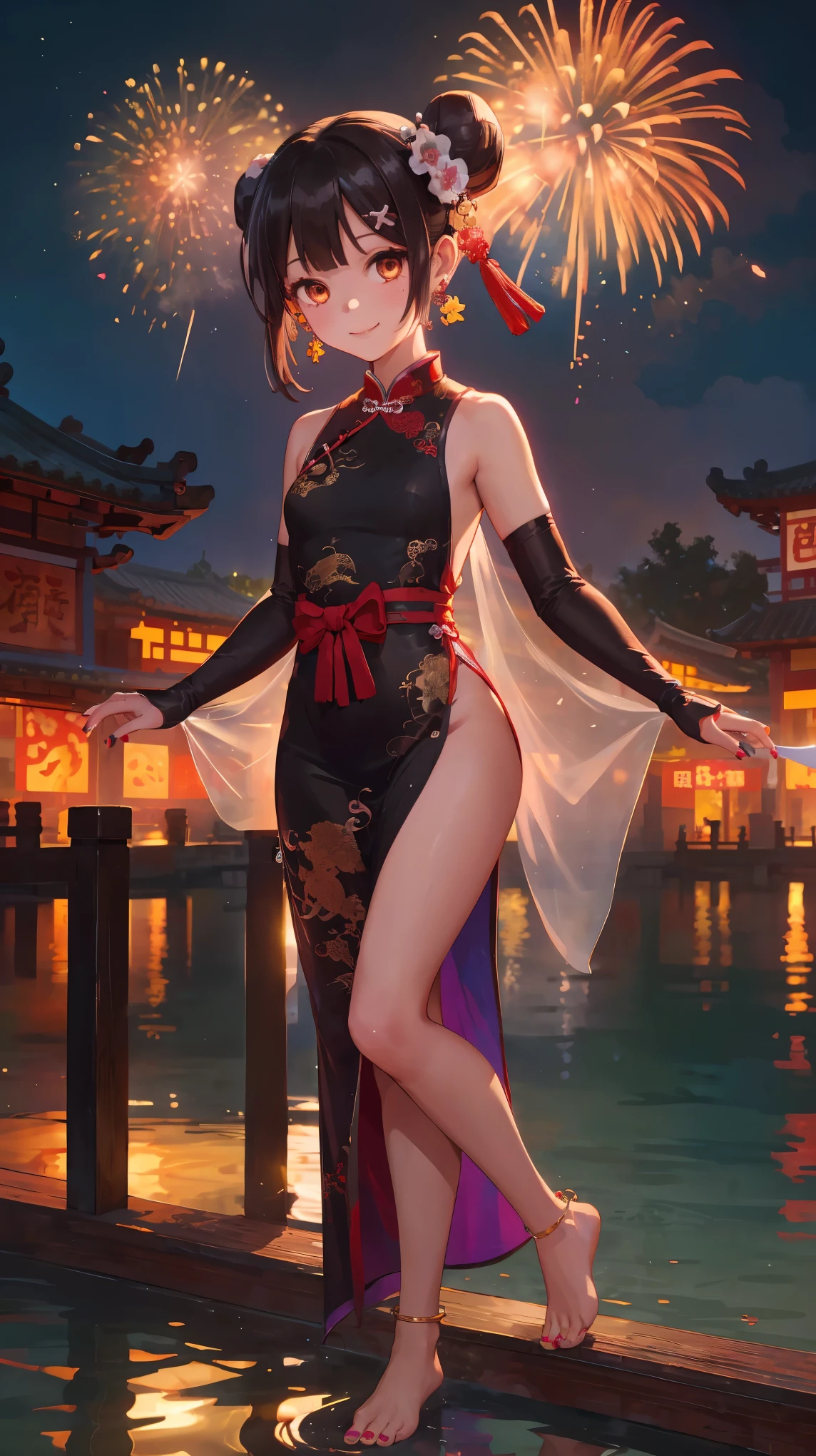 1girl, (Miyu Edelfelt),,black hair,brown eyes,seductive smile,nsfw, barefoot, see-through dress, butterfly, butterfly hair ornament, backless dress, chinese clothes,sleeveless, double bun,golden dragon print,bare foot,,elbow gloves,hair bun, hair ornament,jewelry,earrings,anklet,slim legs,nail polish, small breasts, solo, toenail polish, toenails, toes, twintails,outdoor,Chinese style architecture, Chinese style, lake, ancient town, beautiful and meticulous water,the red lantern,fireworks,