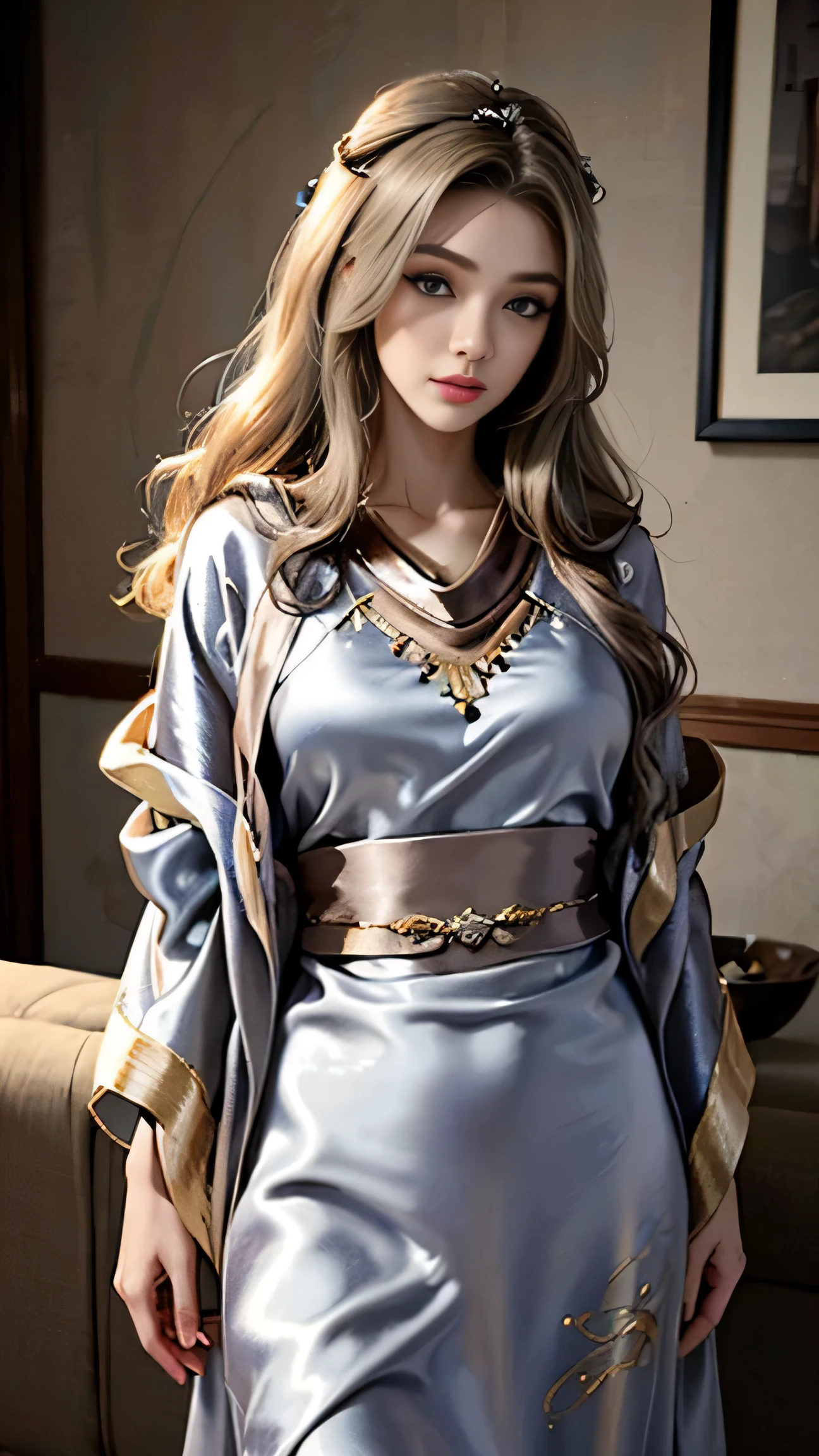 (Masterpiece, best quality, photography, detailed skin, realistic, photo-realistic, 8k, highly detailed, full length frame, High detail RAW color art, diffused soft lighting, shallow depth of field, sharp focus, hyperrealism, cinematic lighting, a woman in a beautifully makeup, eyeshadow, beautiful big eyes, long eye lashes, wearing (Gray satin), loosely tide, ((Taupe satin kaftan)), dynamic pose, sofa