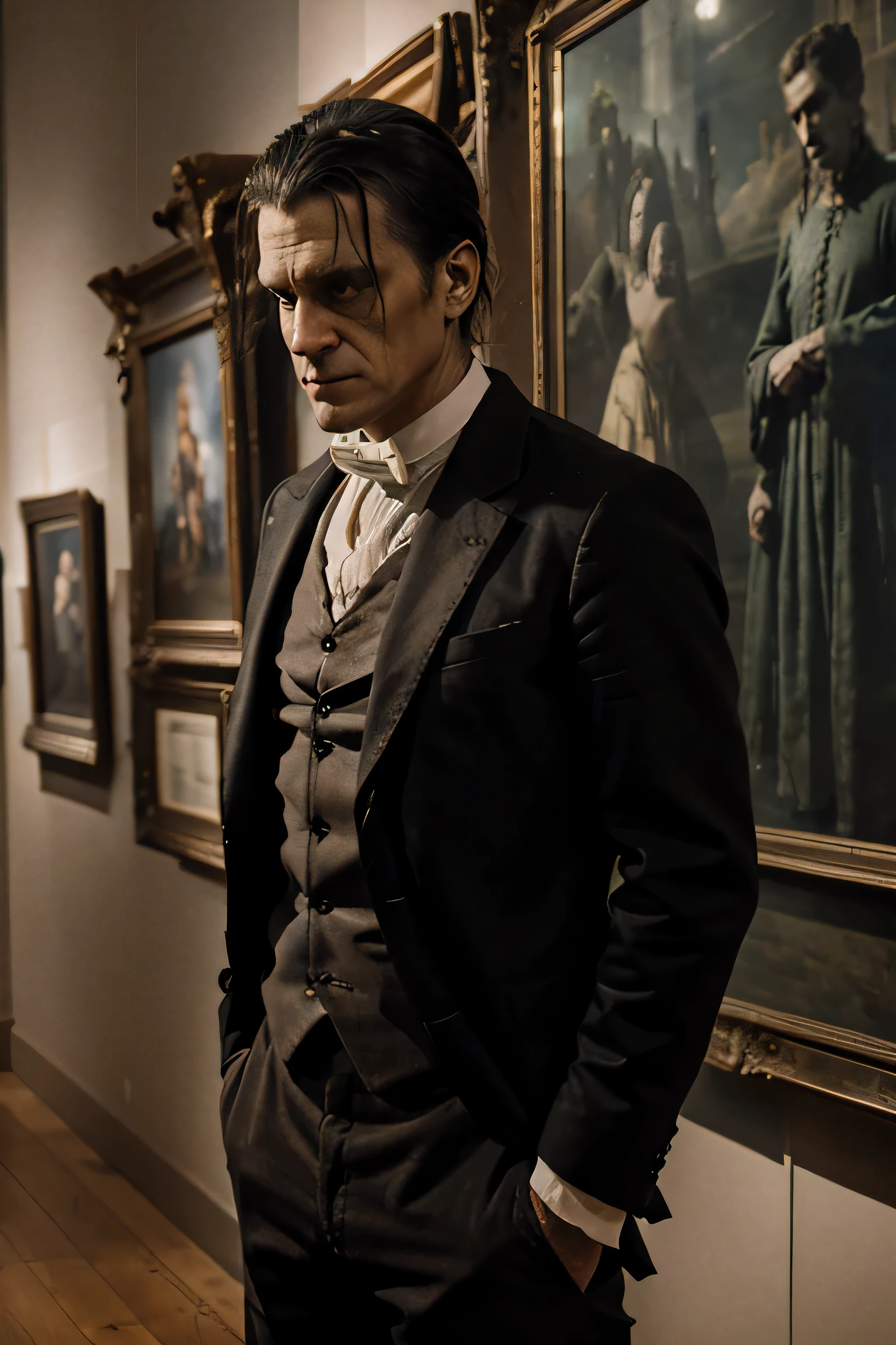 Frankenstein monster is standing in a museum and he is looking at a painting on the wall, the subject of the painting is Frankenstein himself, 8k quality